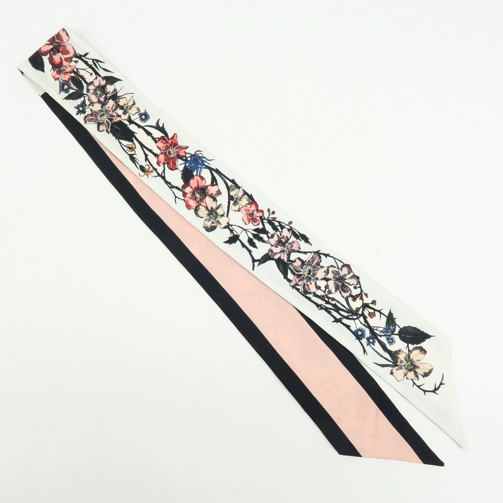 Christian Dior Mitzah Flower Motif Silk 100% Scarf Ivory Pink Black