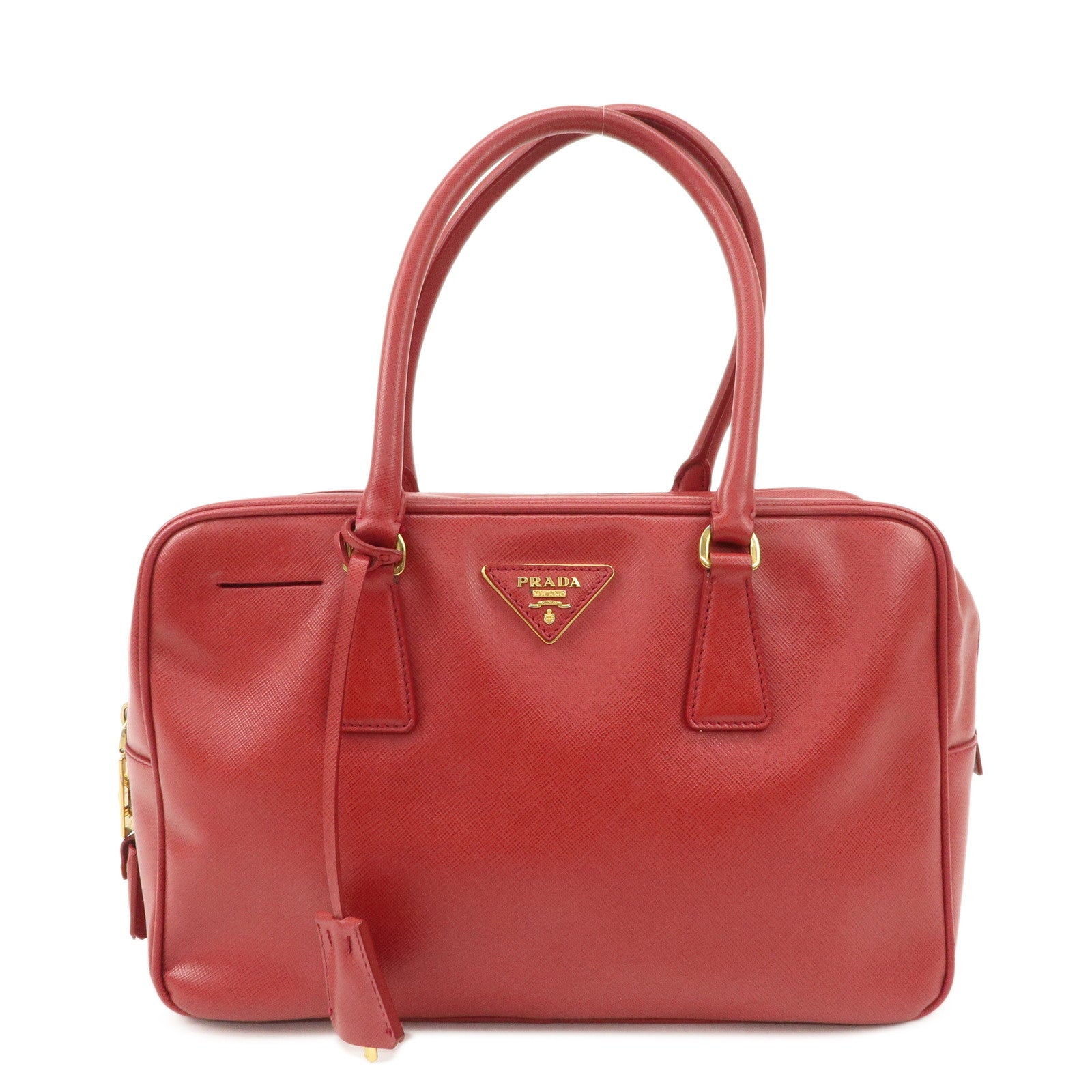 PRADA Triangle Logo Saffiano Leather Boston Bag Hand Bag Red BL0095 Used