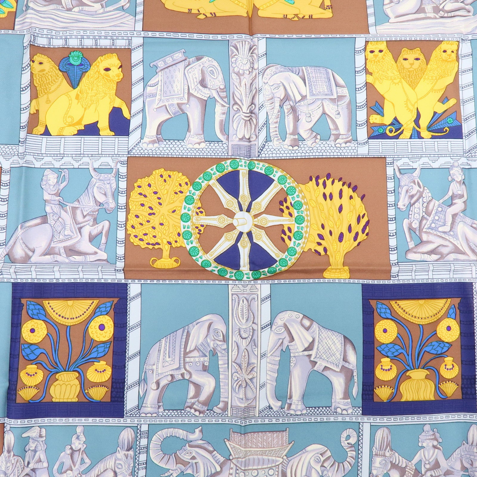 HERMES Carre 90 Silk 100% Scarf TORANA Blue Green Gold