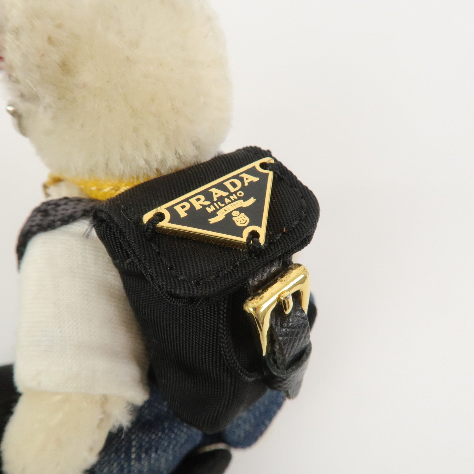 PRADA Triangle Logo Teddy Bear Bag Key Charm Denim Multicolor