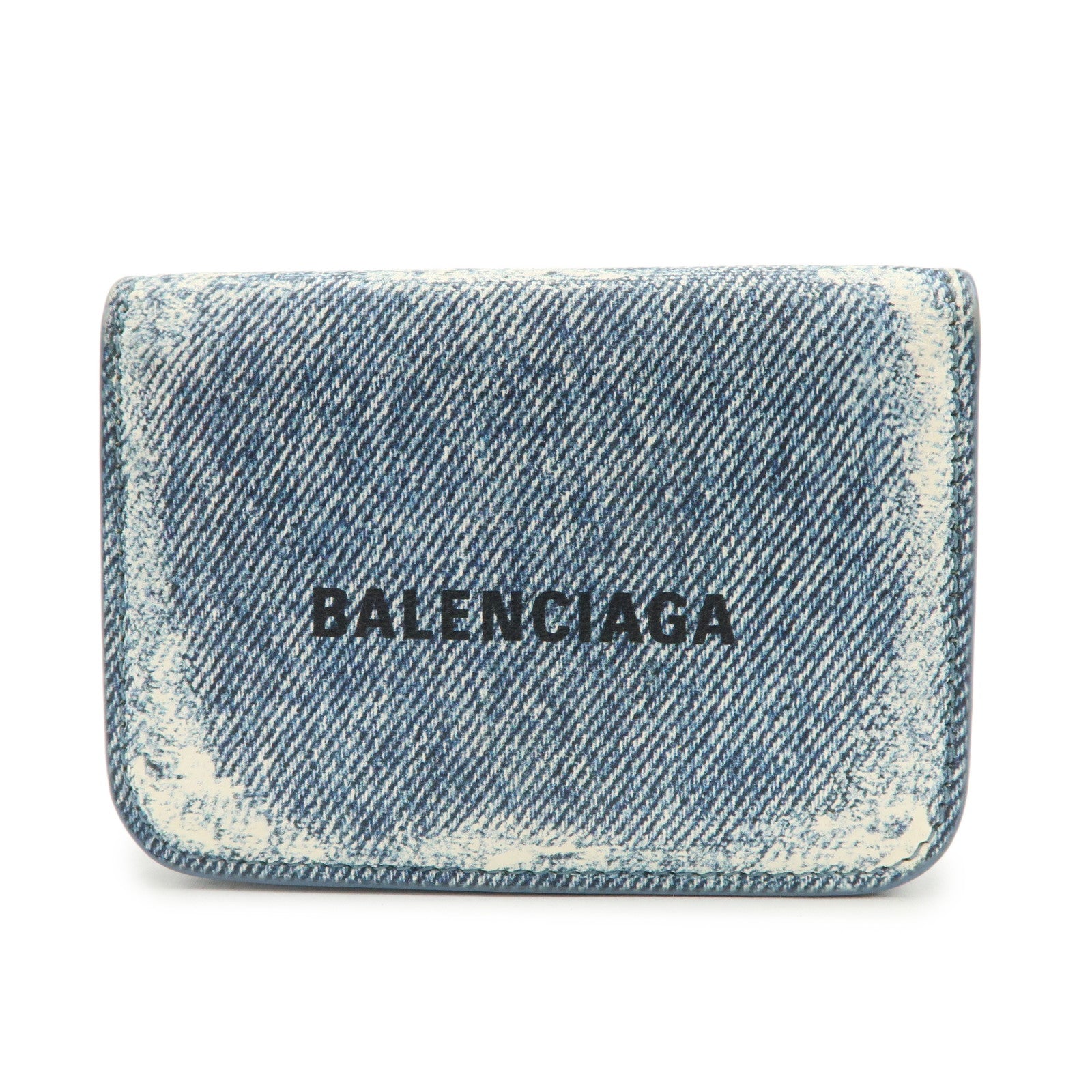 BALENCIAGA Denim Leather CASH Mini Tri-fold Compact Wallet 593813