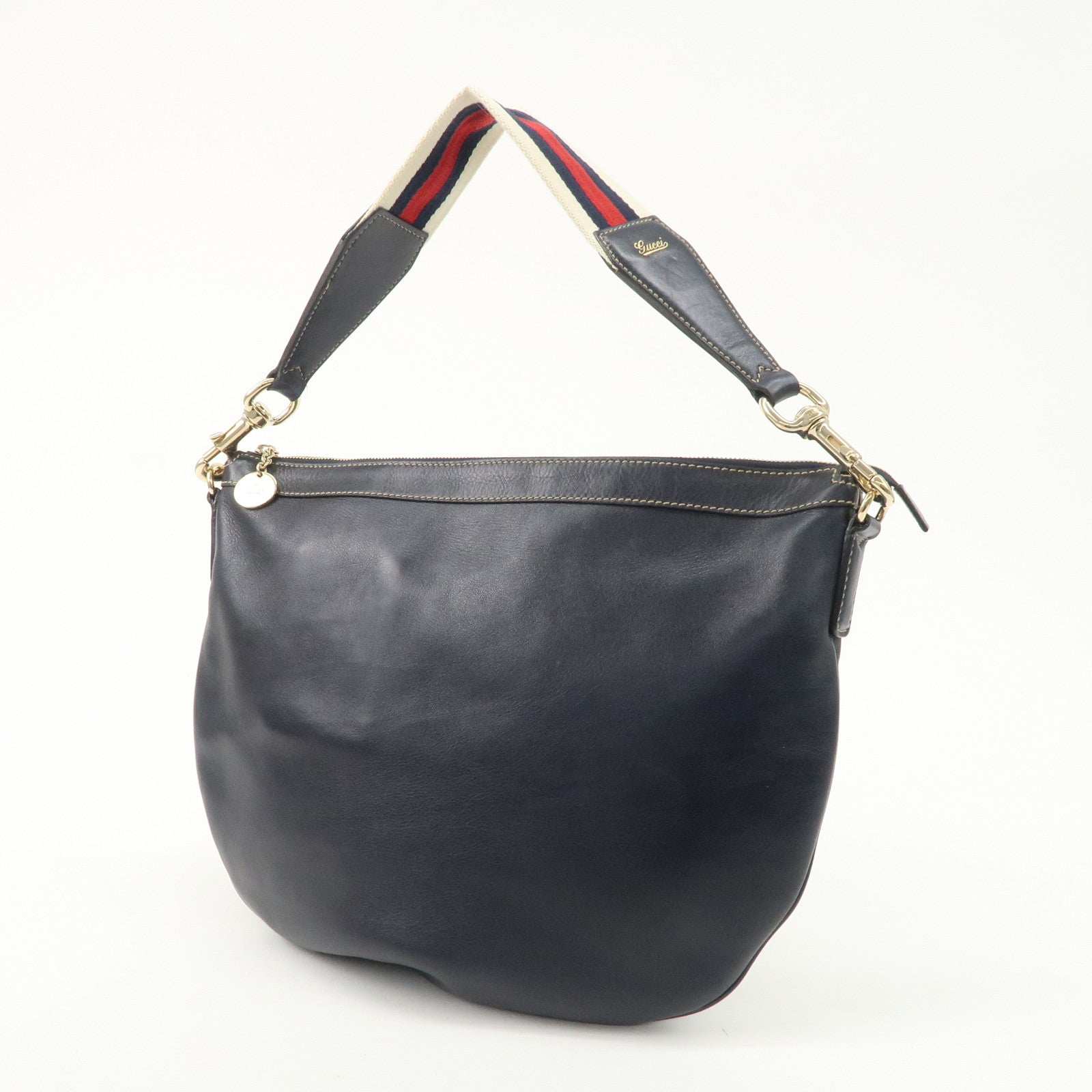 GUCCI Sherry Leather One Shoulder Bag Hand Bag Dark Navy Gold Hardware Used