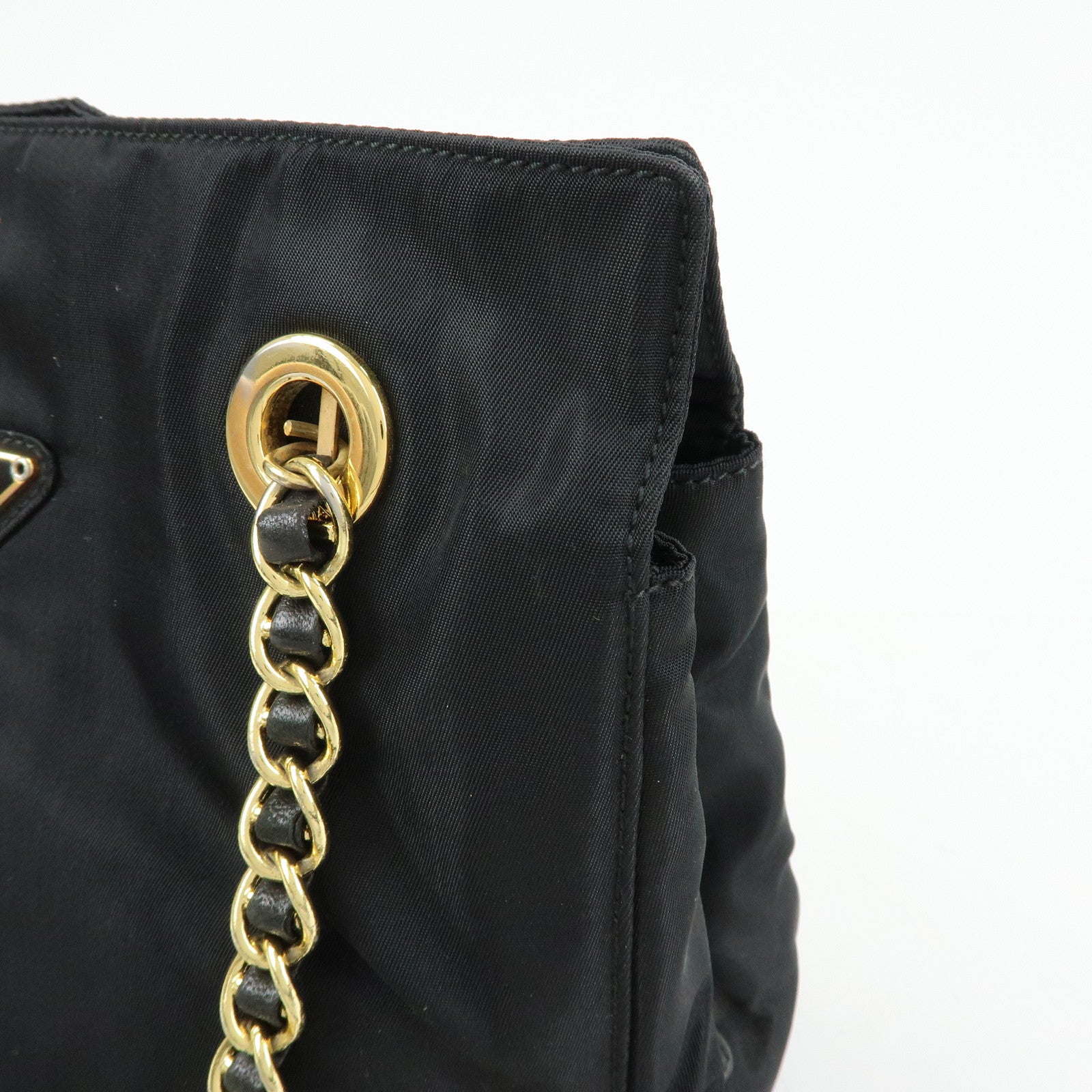 PRADA Triangle Logo Nylon Leather Chain Shoulder Bag Black B4394
