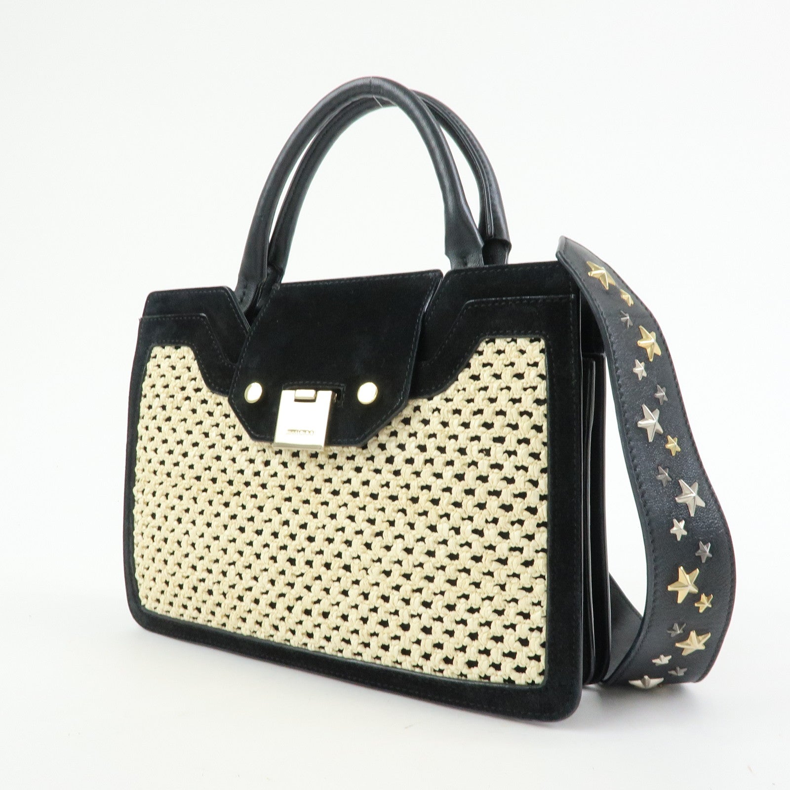 JIMMY CHOO Straw Suede Leather 2Way Bag Hand Bag Natural Black