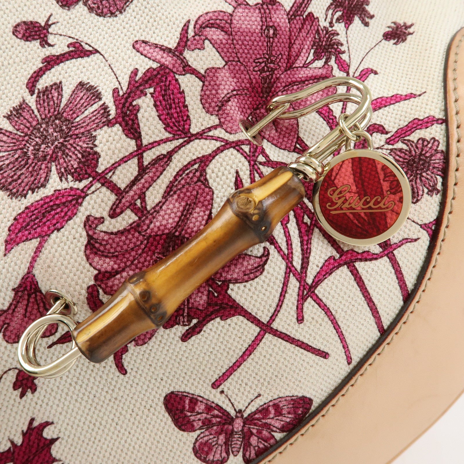 GUCCI Bamboo Flora Canvas Leather 2Way Shoulder Bag Pink 169976