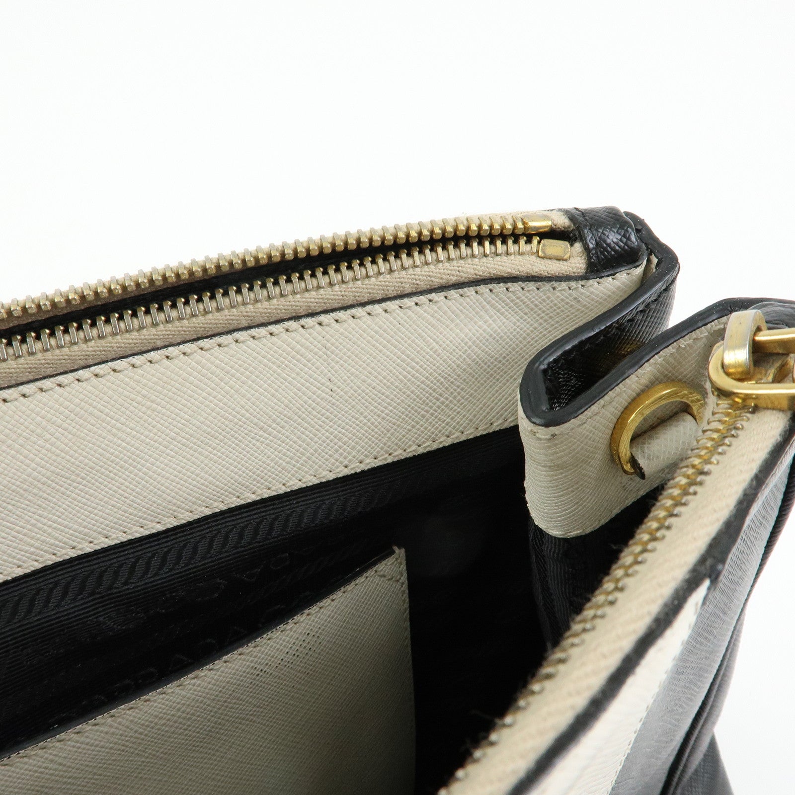 PRADA Triangle Logo Saffiano Leather Hand Bag Tote Bag Ivory Black