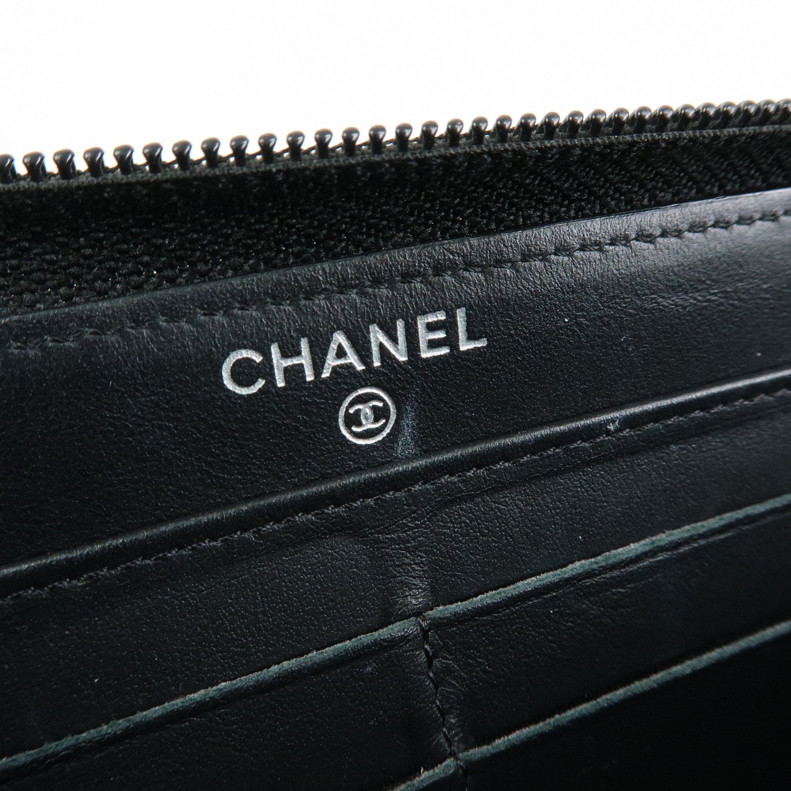 CHANEL COCO Mark Caviarskin Round Zippy Wallet Black Silver