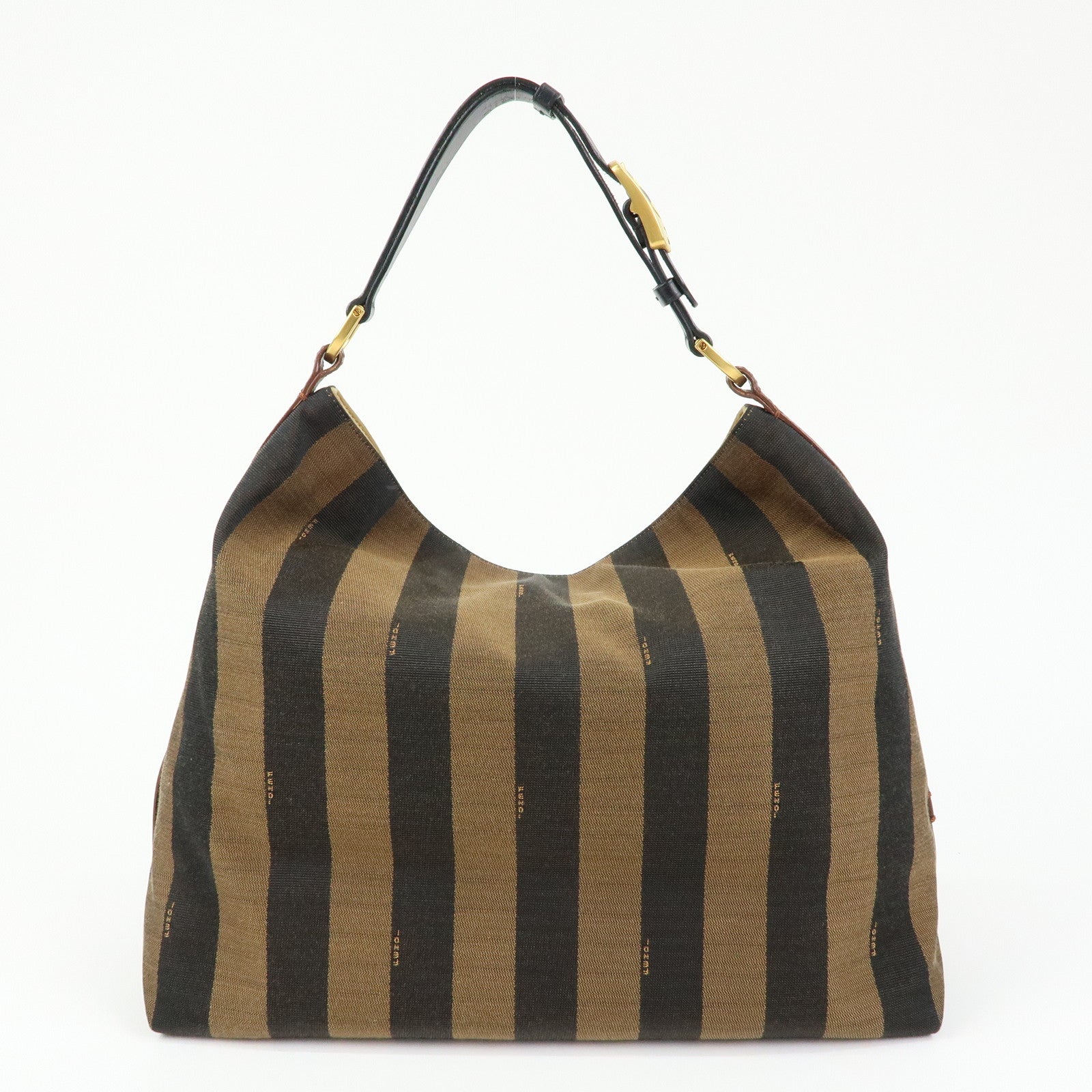 FENDI Pequin Canvas Leather Shoulder Bag Brown Black 8BR653