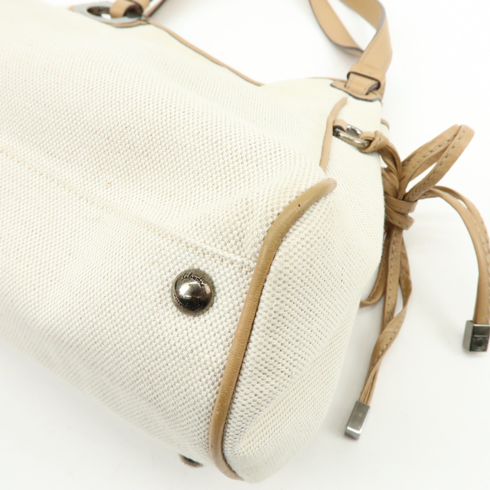 Ferragamo Gancini Canvas Leather Tote Bag Shoulder Bag Natural