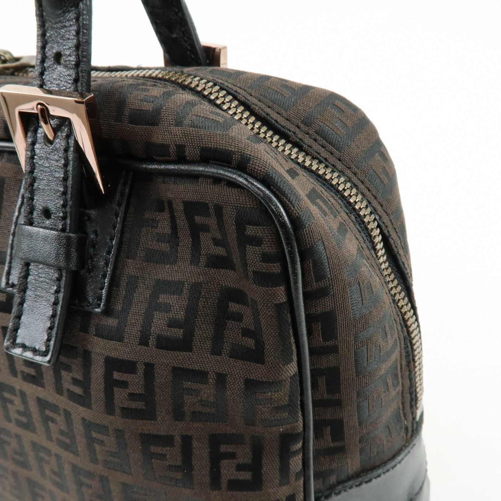 FENDI Zucchino Canvas Leather Hand Bag Boston Bag Brown 8BN005