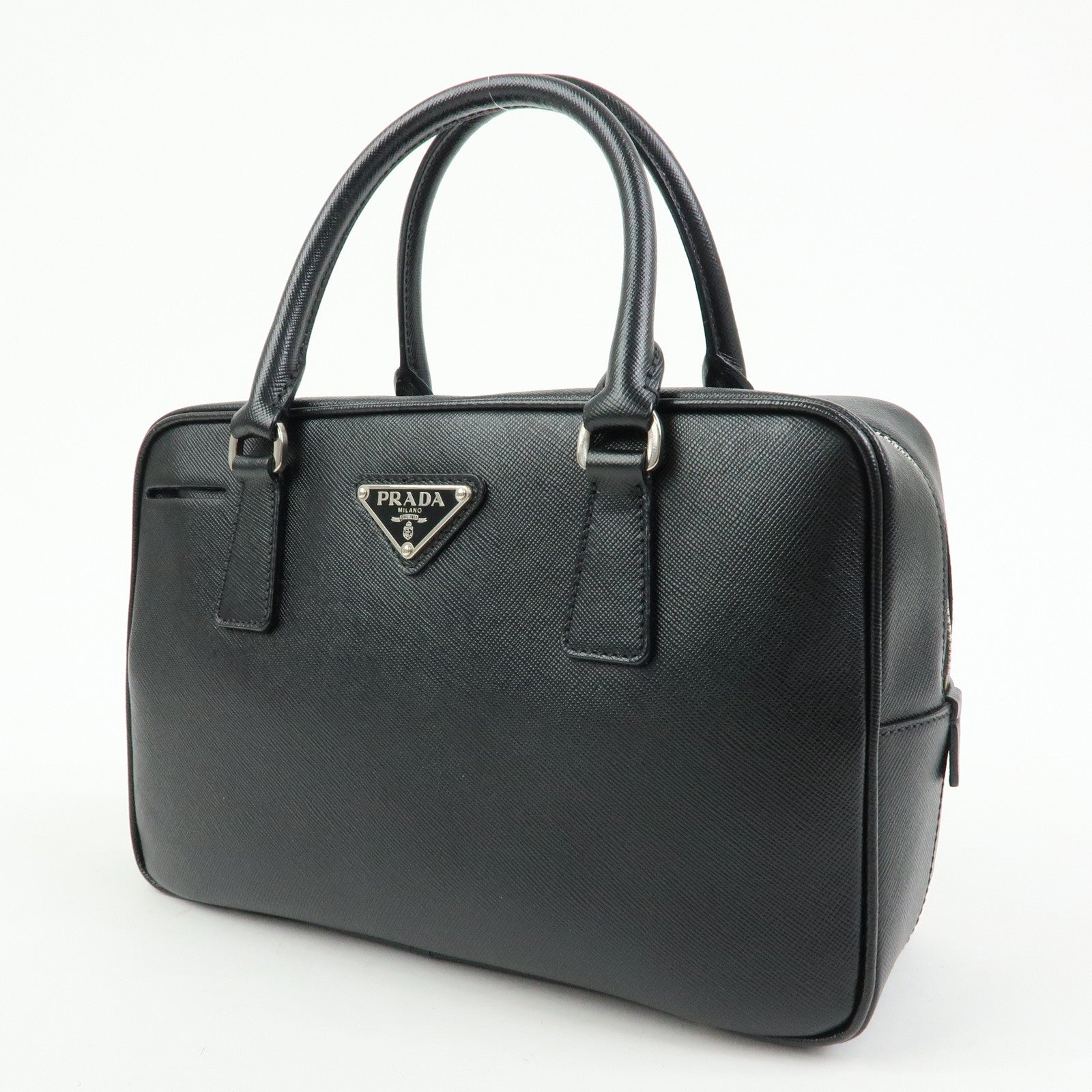 PRADA Triangle Logo Saffiano Leather Hand Bag Boston Bag Black