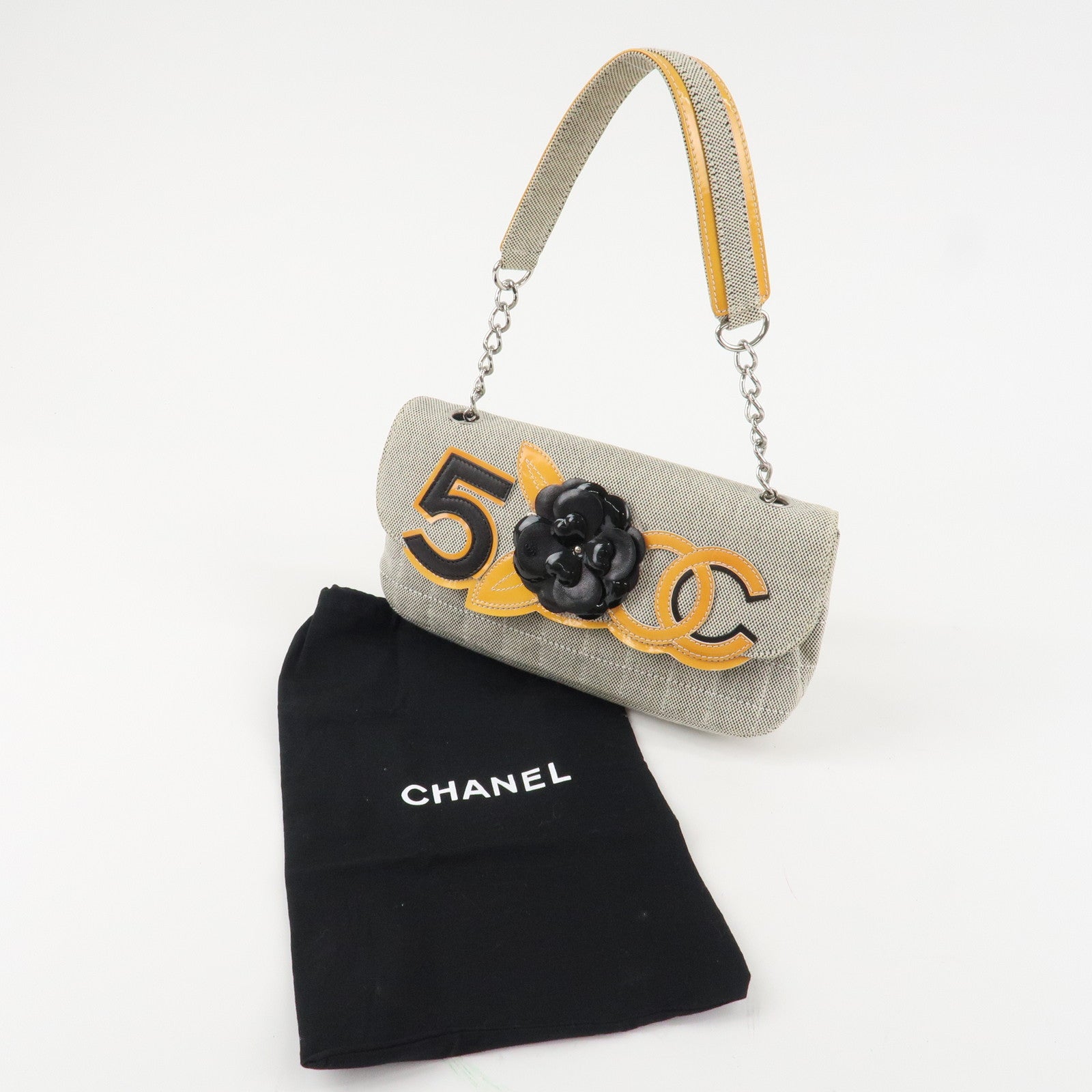 CHANEL COCO Mark Canvas Patent Leather Chain Shoulder Bag Grey Orange Used