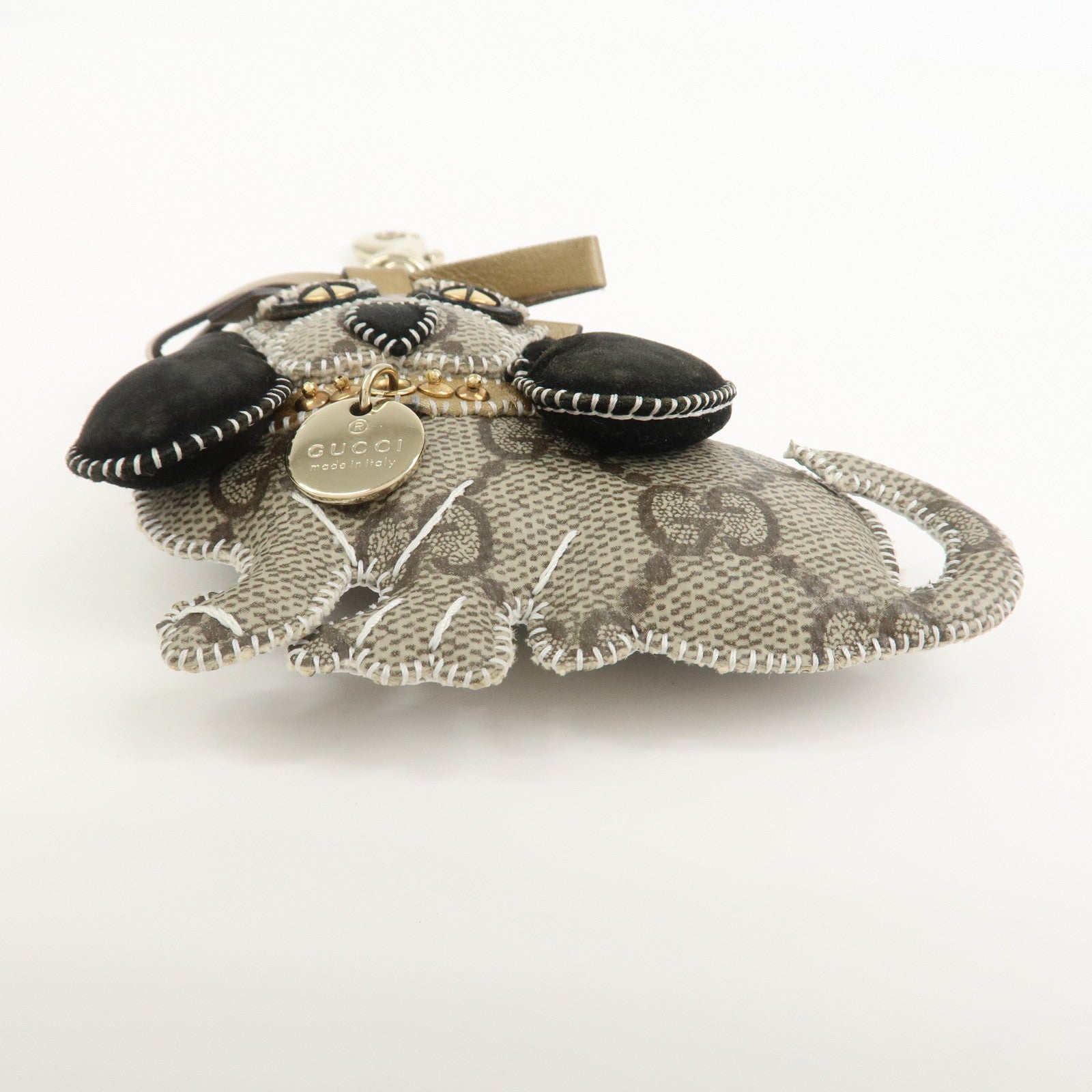 GUCCI GG Plus Suede Leather Bag Charm Key Chain Beige Black 206078