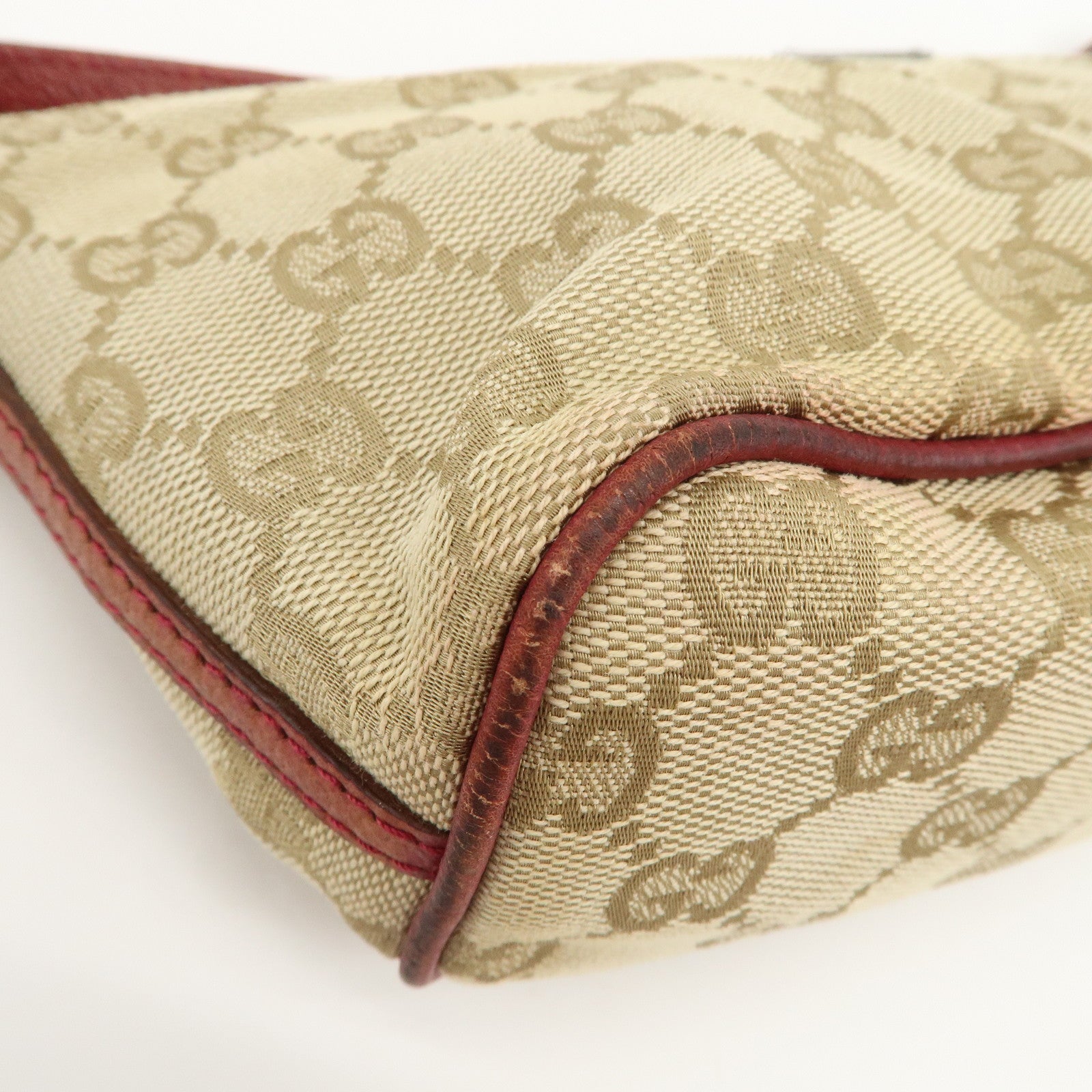 GUCCI Boat Bag GG Canvas Leather Hand Bag Pouch Beige Red 07198