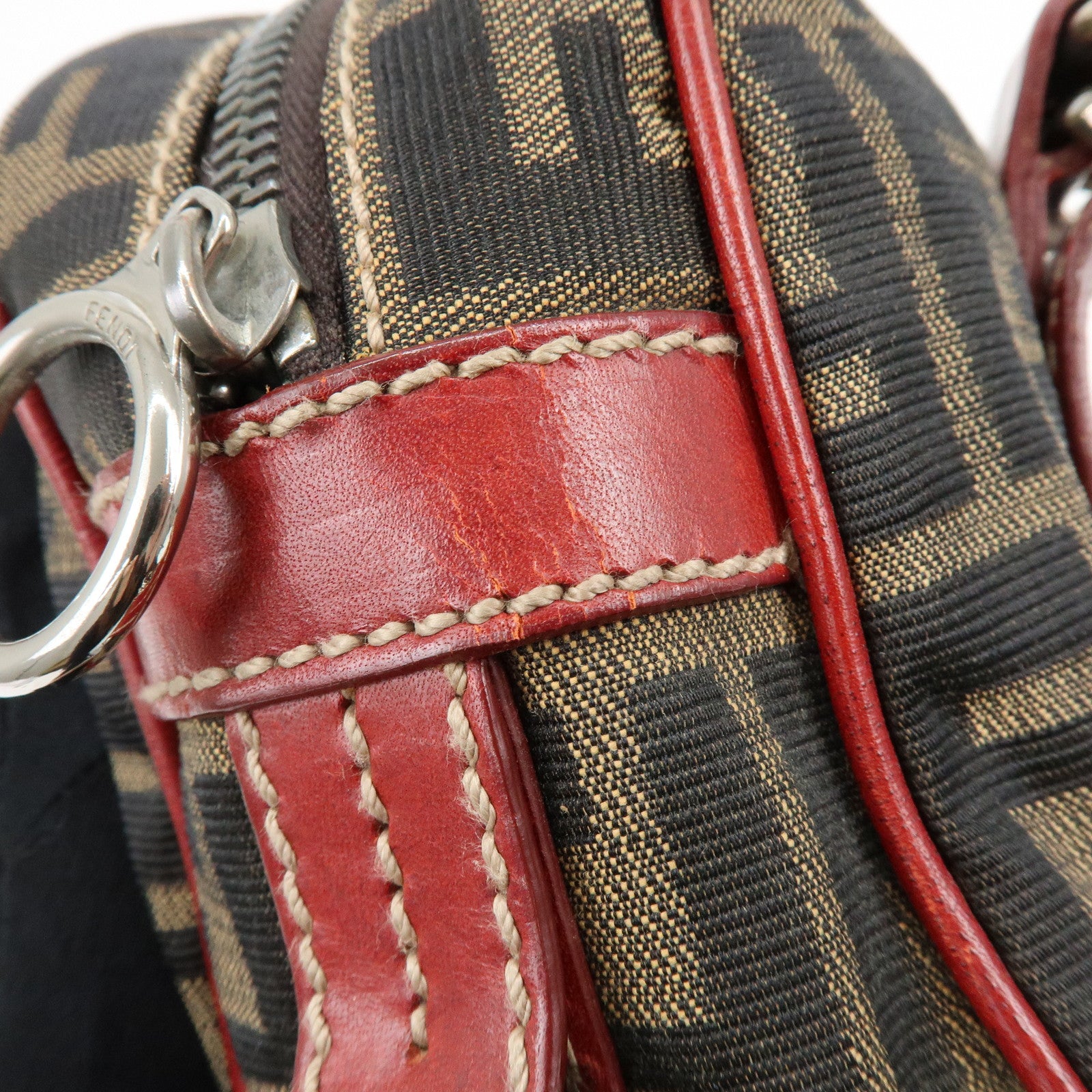 FENDI Zucca Canvas Leather Mini Boston Hand Bag Brown Red 8BR119