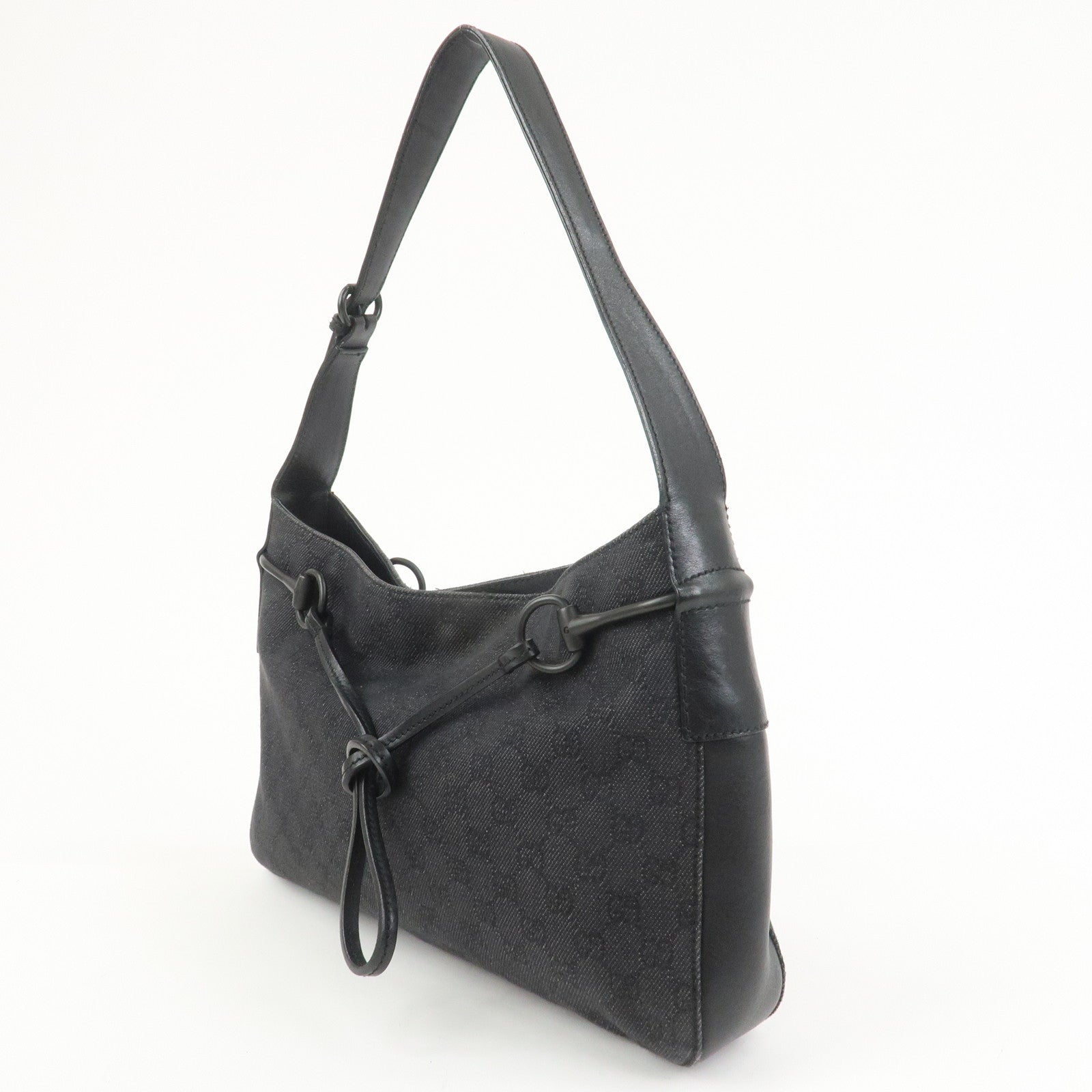 GUCCI Horsebit GG Canvas Leather Shoulder Bag Black 101975