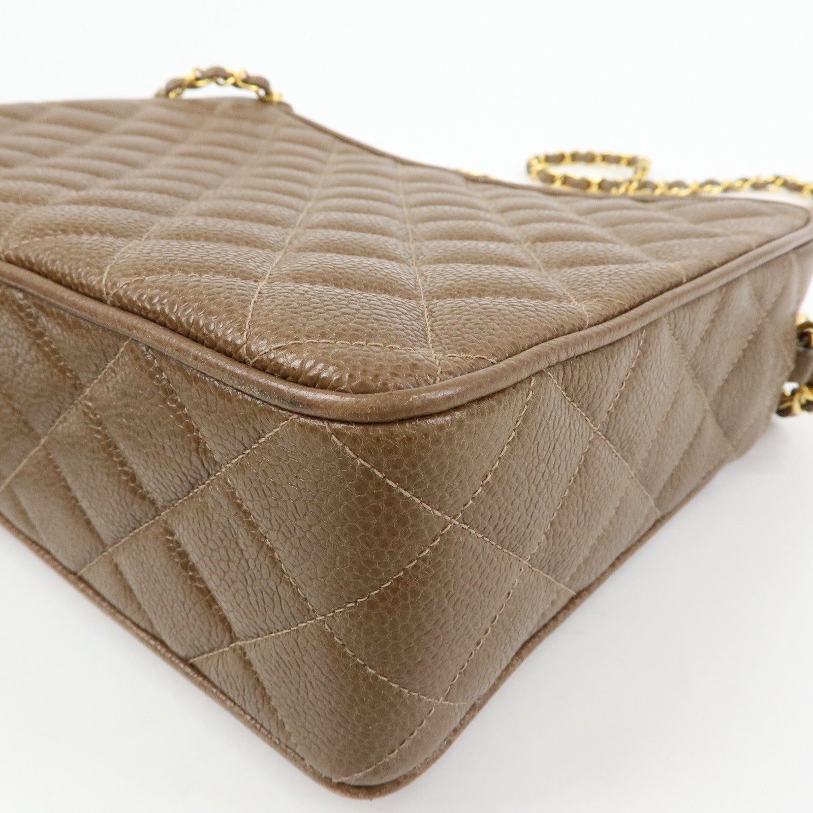 CHANEL Matelasse Cavairskin Chain Shoulder Bag Light Brown Marron
