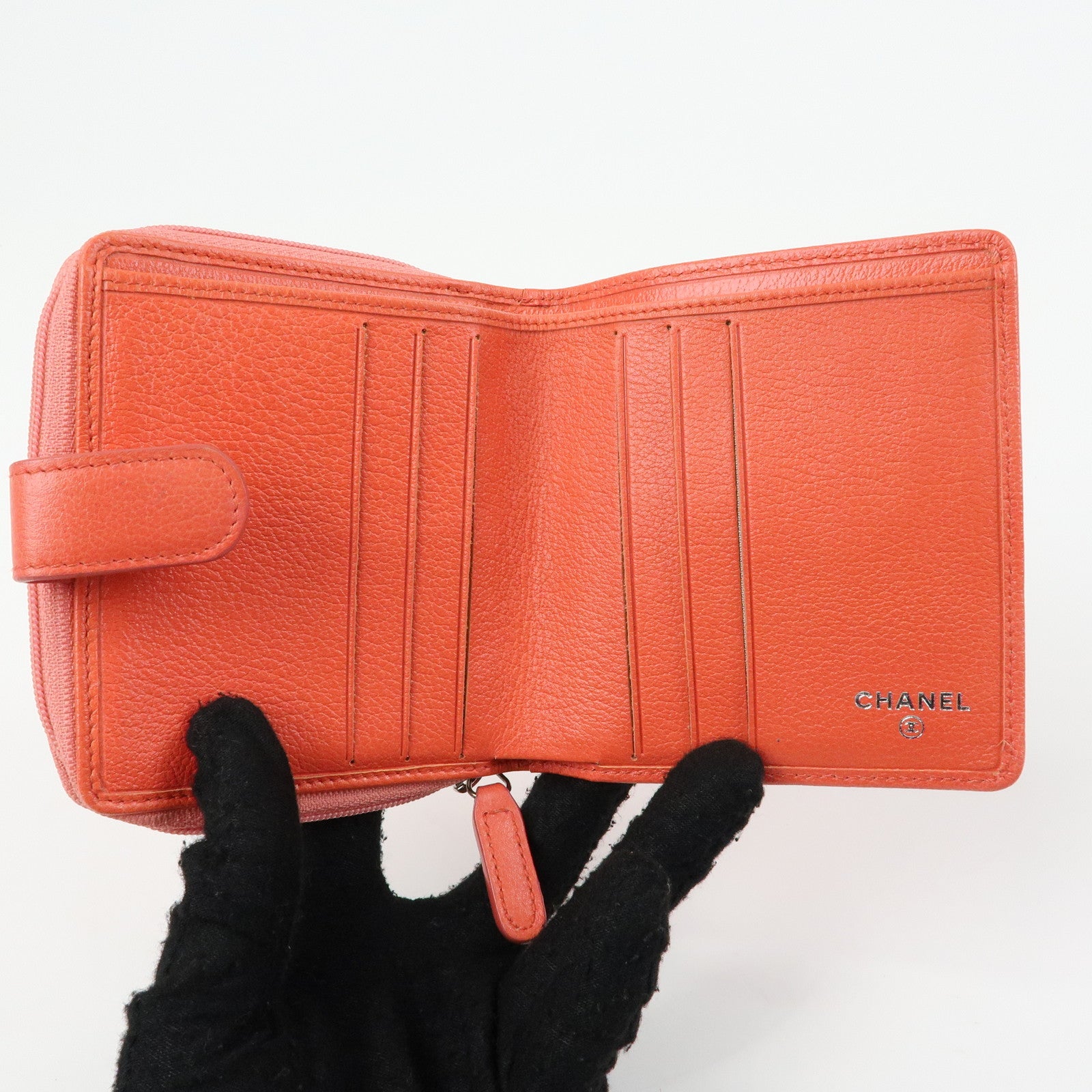 CHANEL Camellia Zip Around Leather Compact Wallet Rose Pink