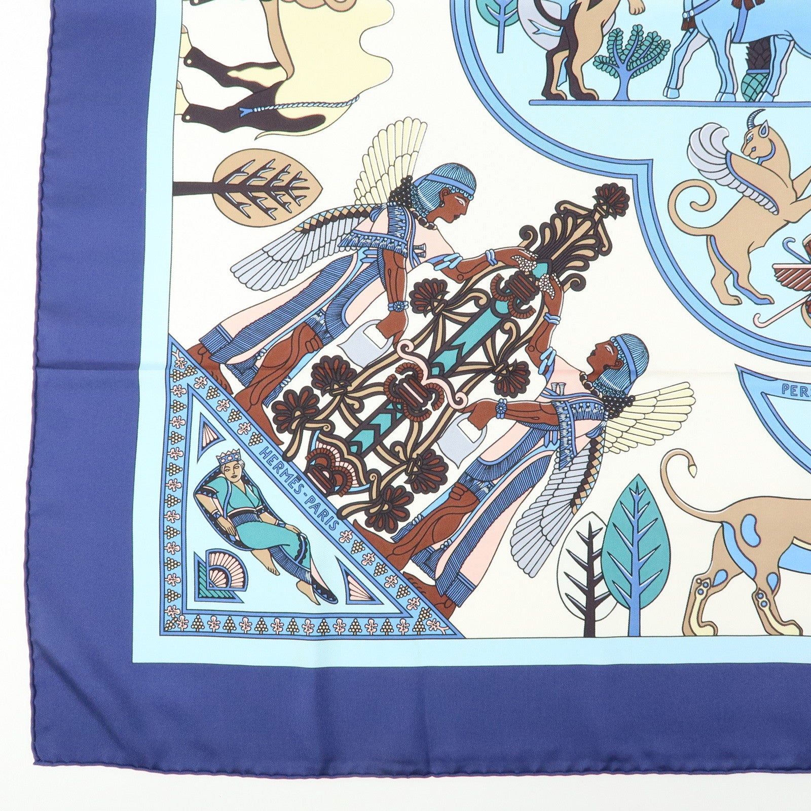 HERMES Carre 90 Silk 100% Scarf PERSEPOLIS Persian Print Brown Blue