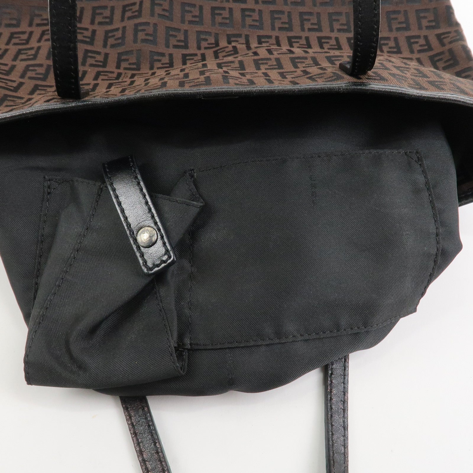 FENDI Zucchino Canvas Leather Tote Bag Hand Bag Brown Black 8BH074