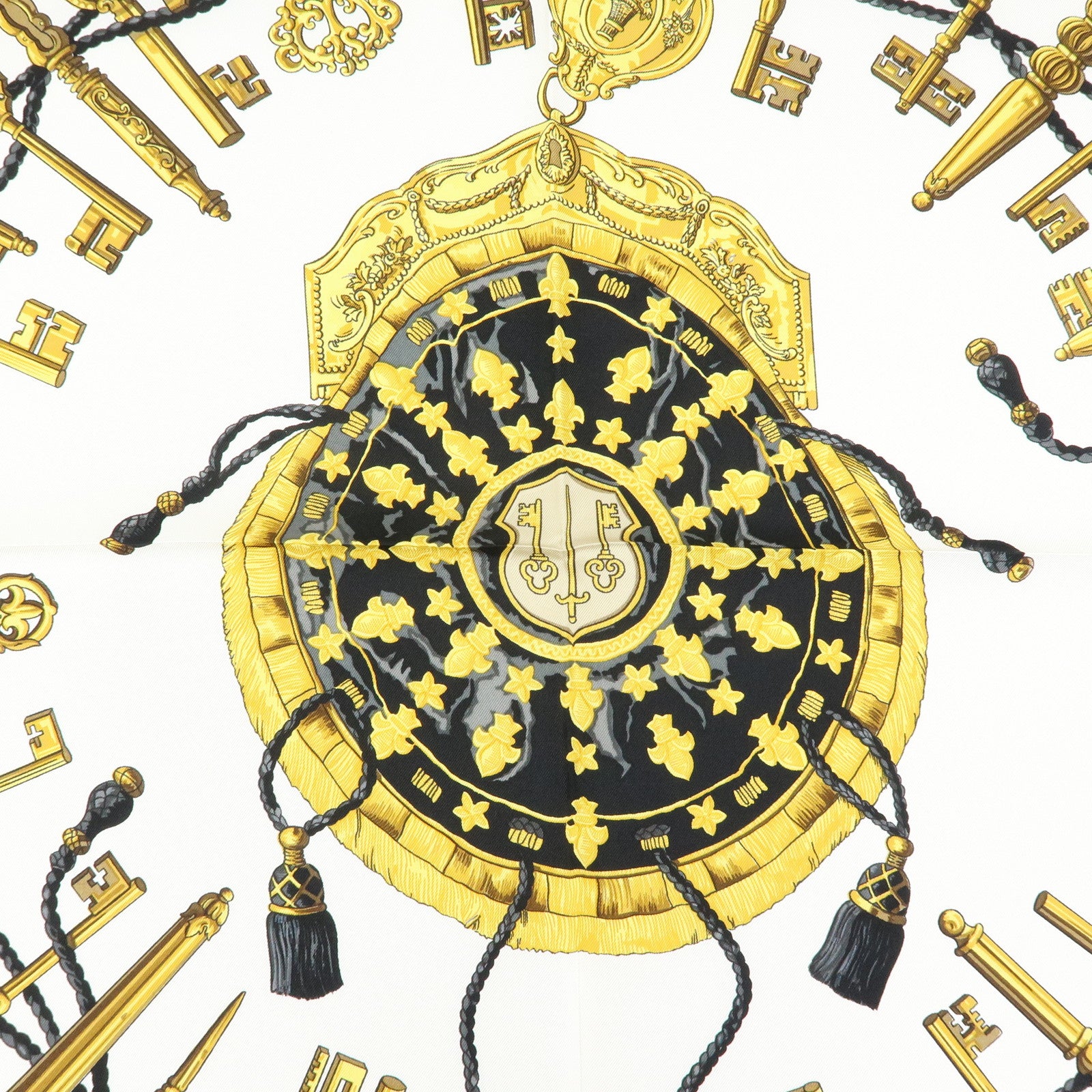 HERMES Carre 90 Silk 100% Scarf LES CLES THE KEYS RARE White Black