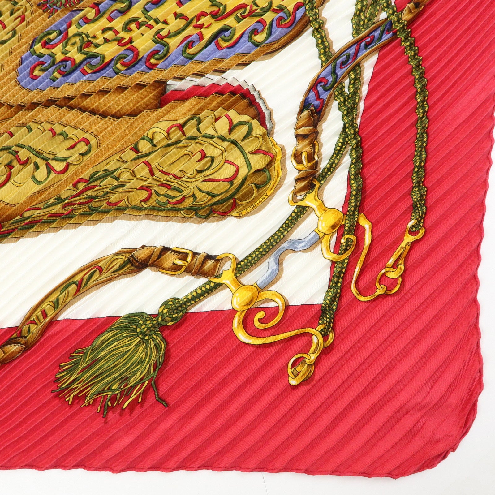 HERMES Pleated Carre 90 Silk 100% Scarf Festival Red