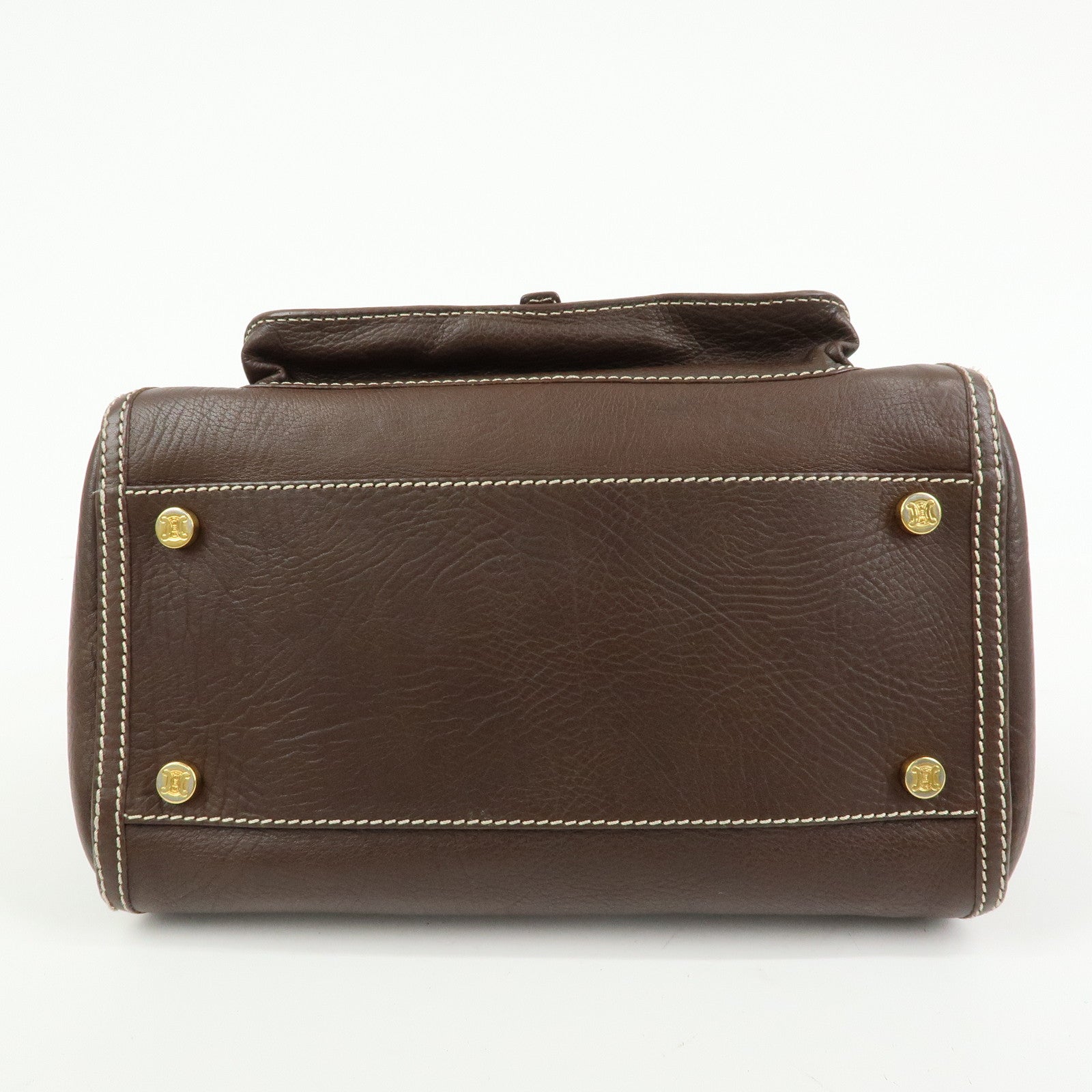 CELINE Logo Leather Hand Bag Mini Boston Bag Dark Brown