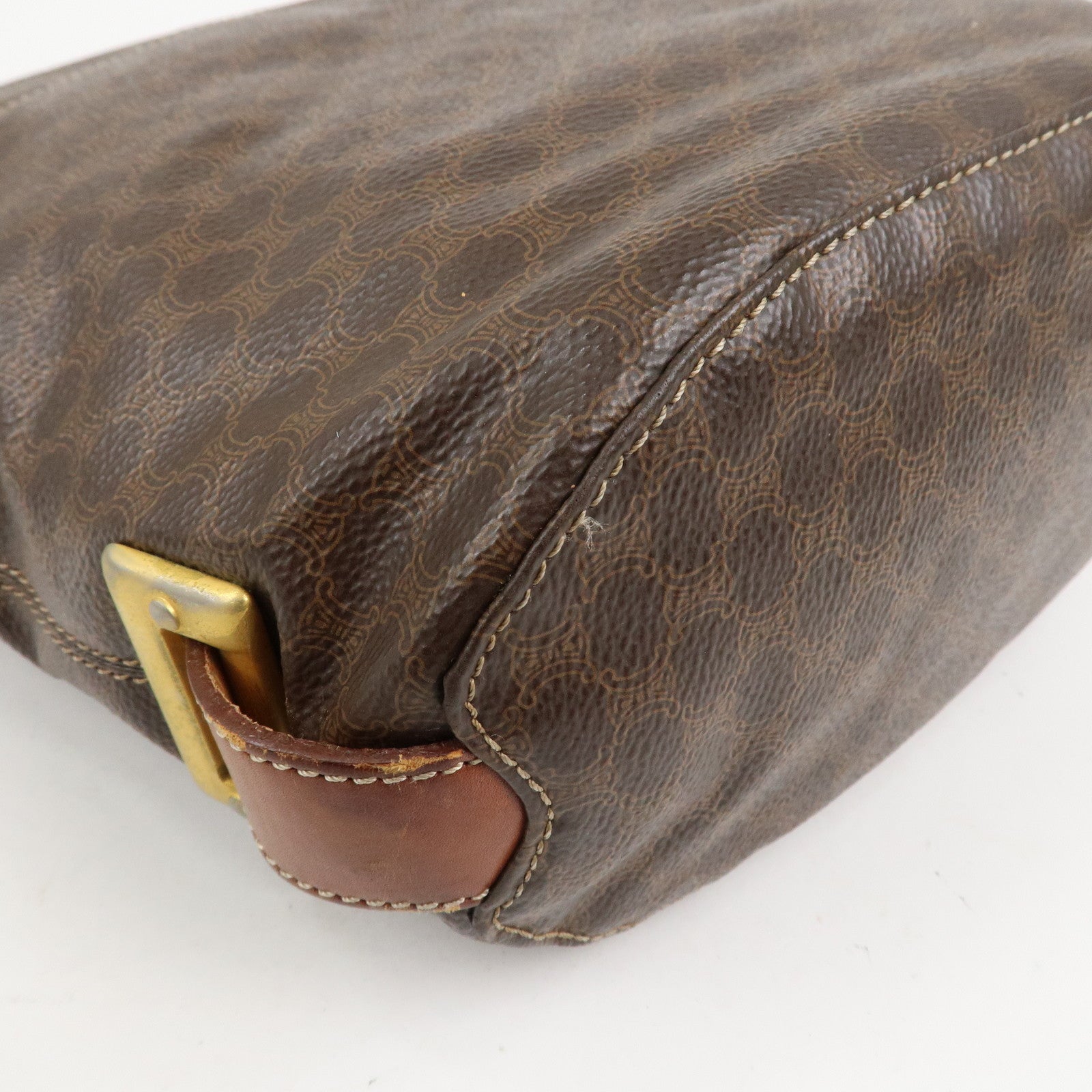 CELINE Macadam PVC Canvas Leather Shoulder Bag Brown Gold Hardware