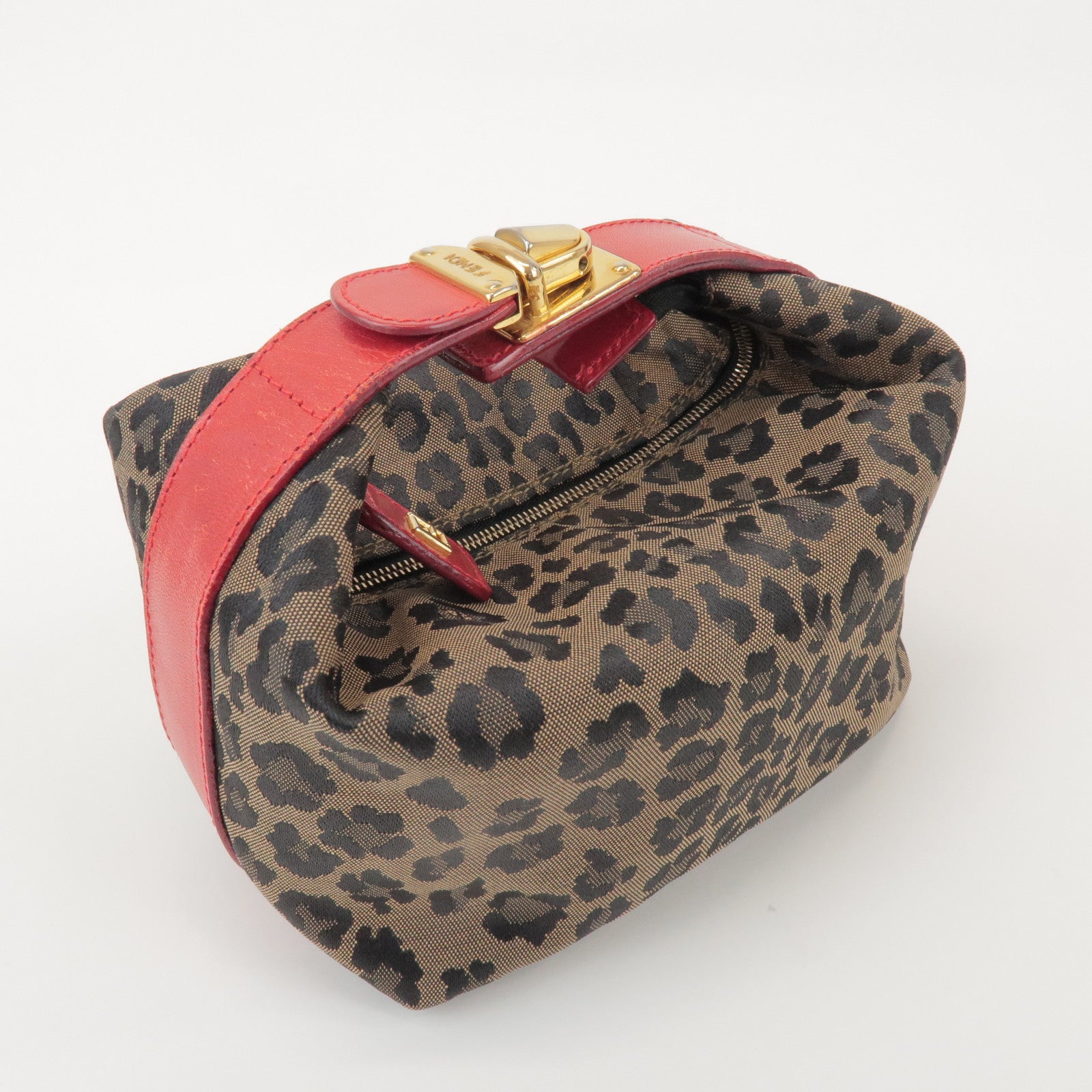 FENDI Canvas Leather Leopard Hand Bag Cosmetic Pouch Brown 26360