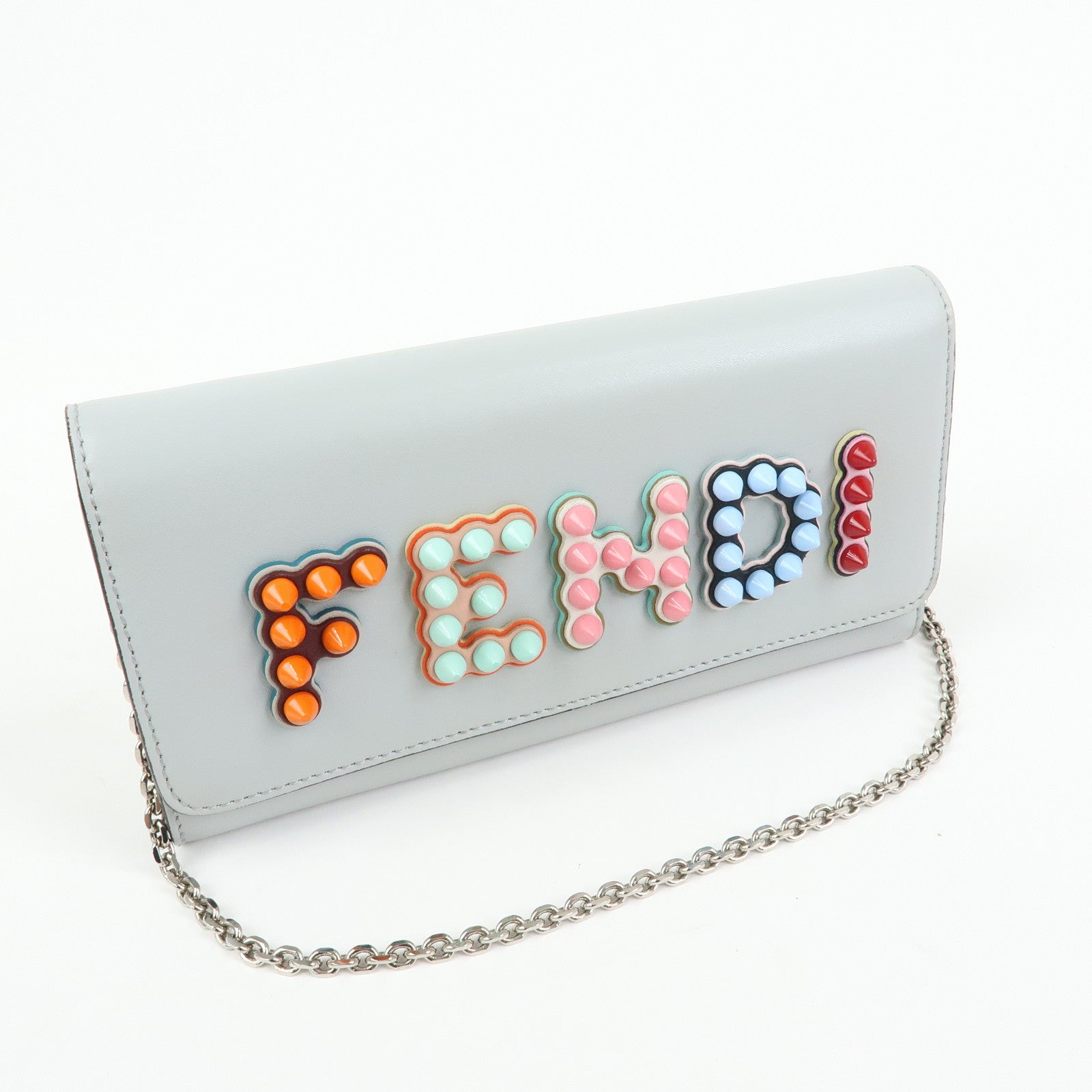 FENDI Leather Studs Chain Shoulder Wallet Long Wallet Gray 8M0365