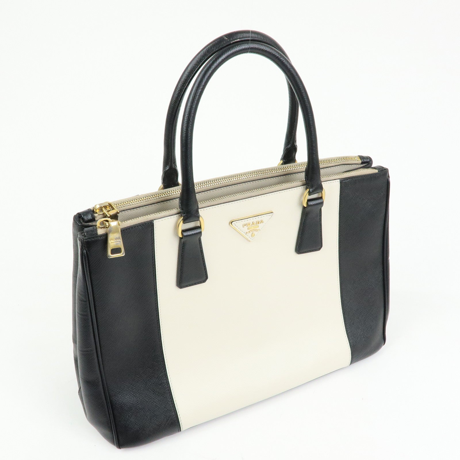 PRADA Triangle Logo Saffiano Leather Hand Bag Tote Bag Ivory Black