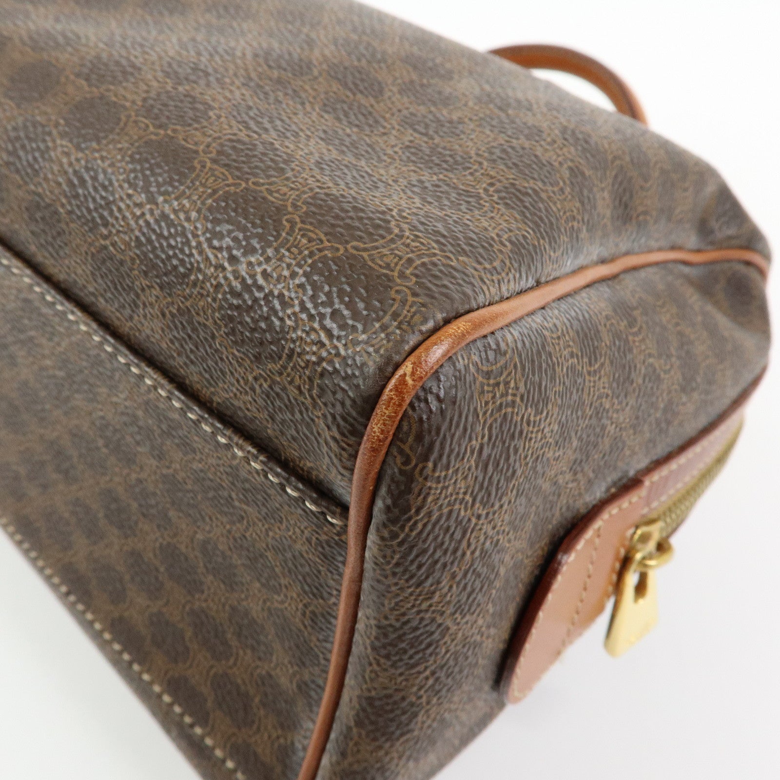 CELINE Logo Macadam PVC Leather Boston Bag Hand Bag Brown