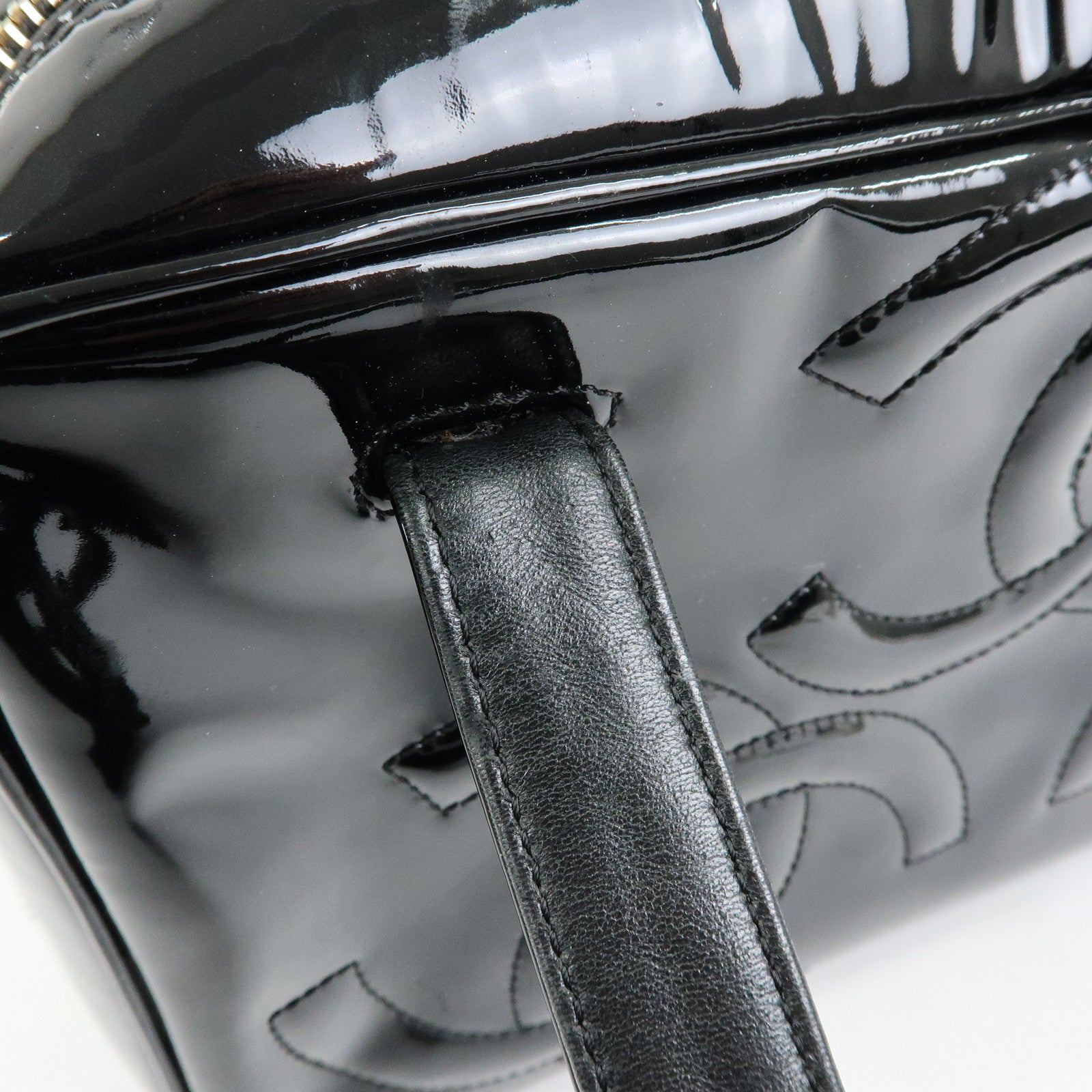 CHANEL Triple COCO Mark Patent Leather Tote Bag Hand Bag Black