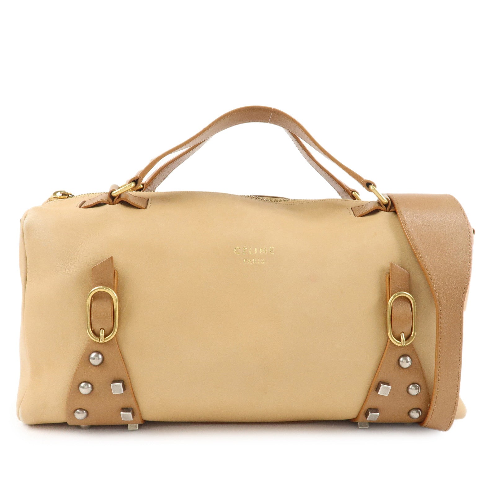 CELINE Leather 2Way Boston Bag Shoulder Bag Beige Brown Used