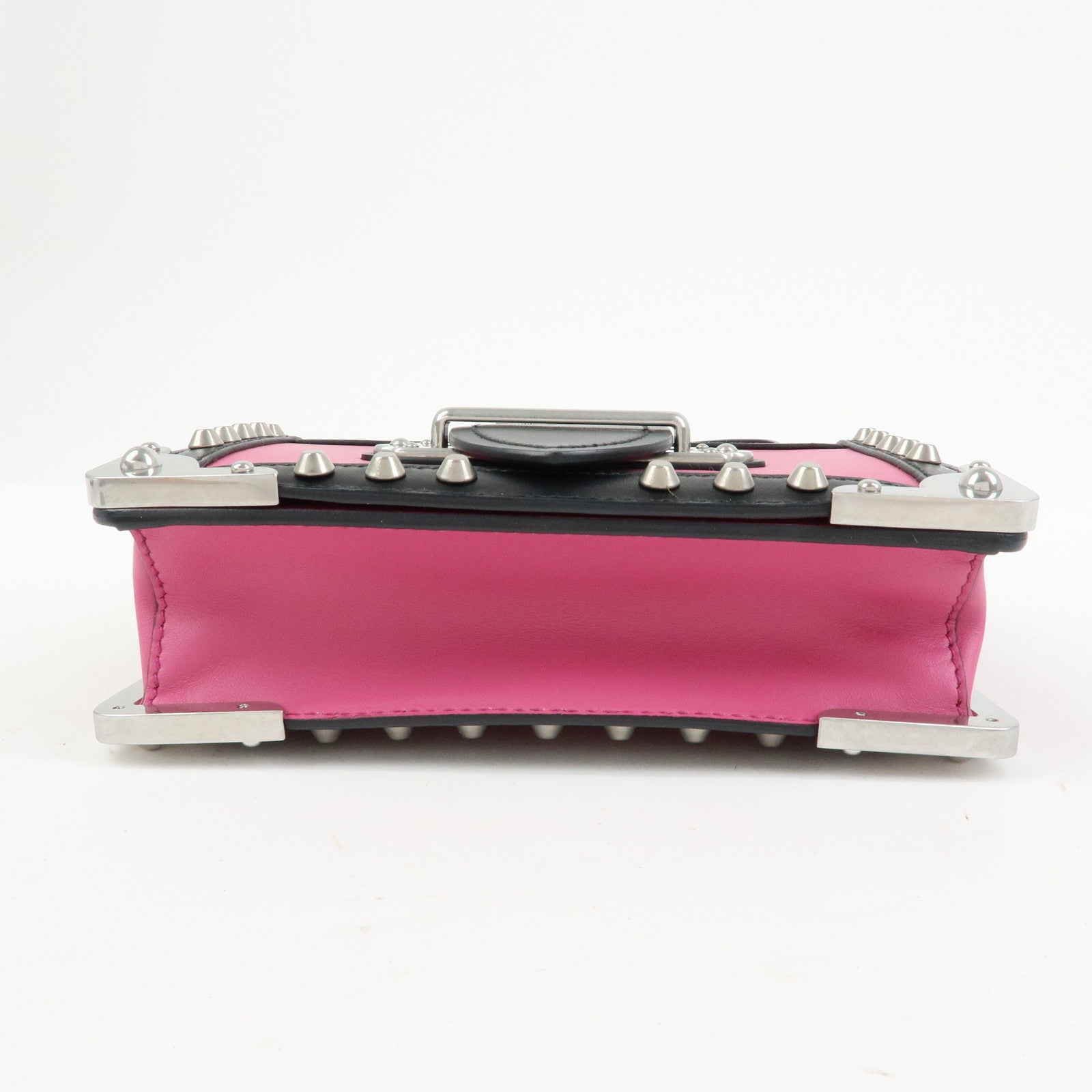 PRADA Cahier Calf Leather Studs Shoulder Bag Pink Black 1BH018