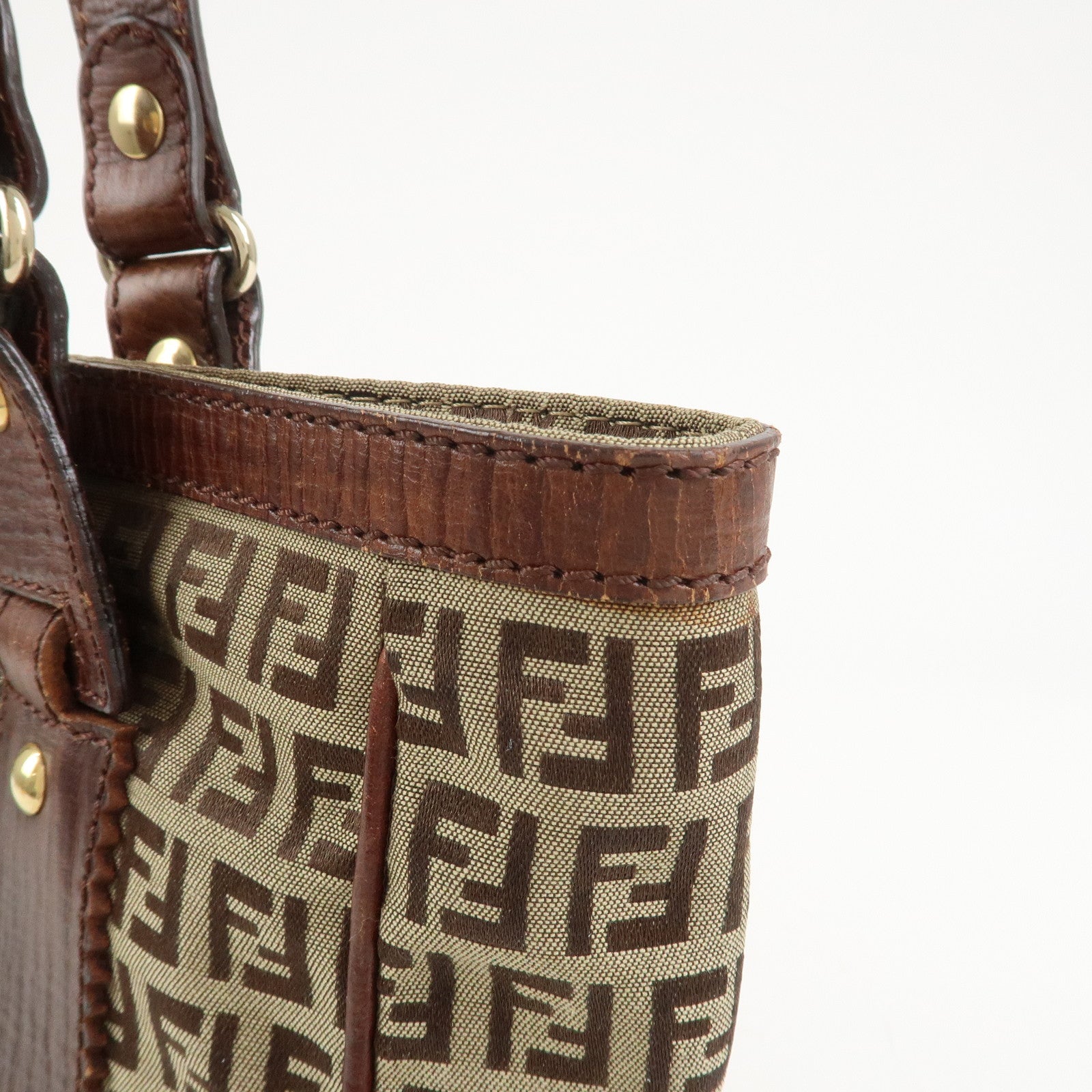 FENDI Zucchino Canvas Leather Tote Bag Shoulder Bag Brown 8BH161