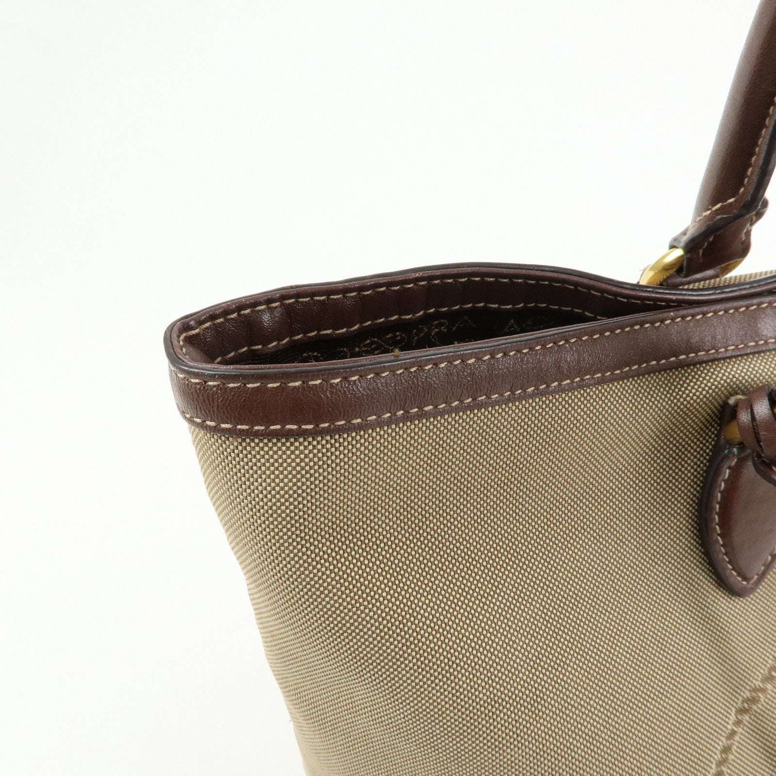 PRADA Triangle Logo Jacquard Leather Tote Bag Beige Brown 1BG158