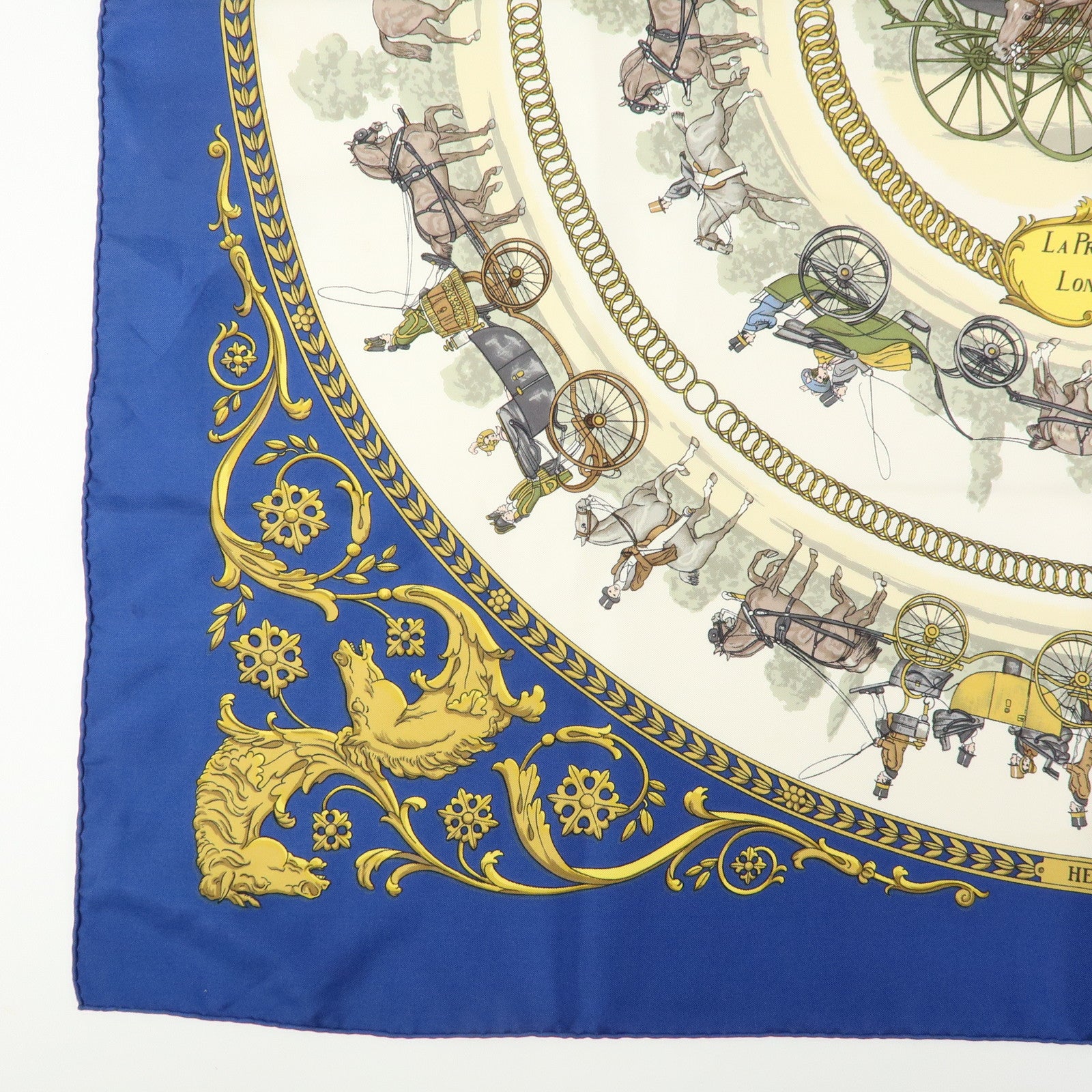 HERMES Carre 90 Silk 100% Scarf LA PROMENADE DE LONGCHAMPS Navy