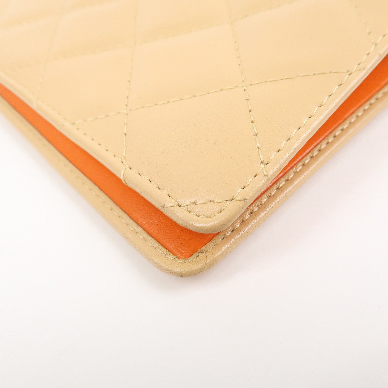 CHANEL Cambon Lamb Skin Leather Bi-fold Wallet Beige A26717