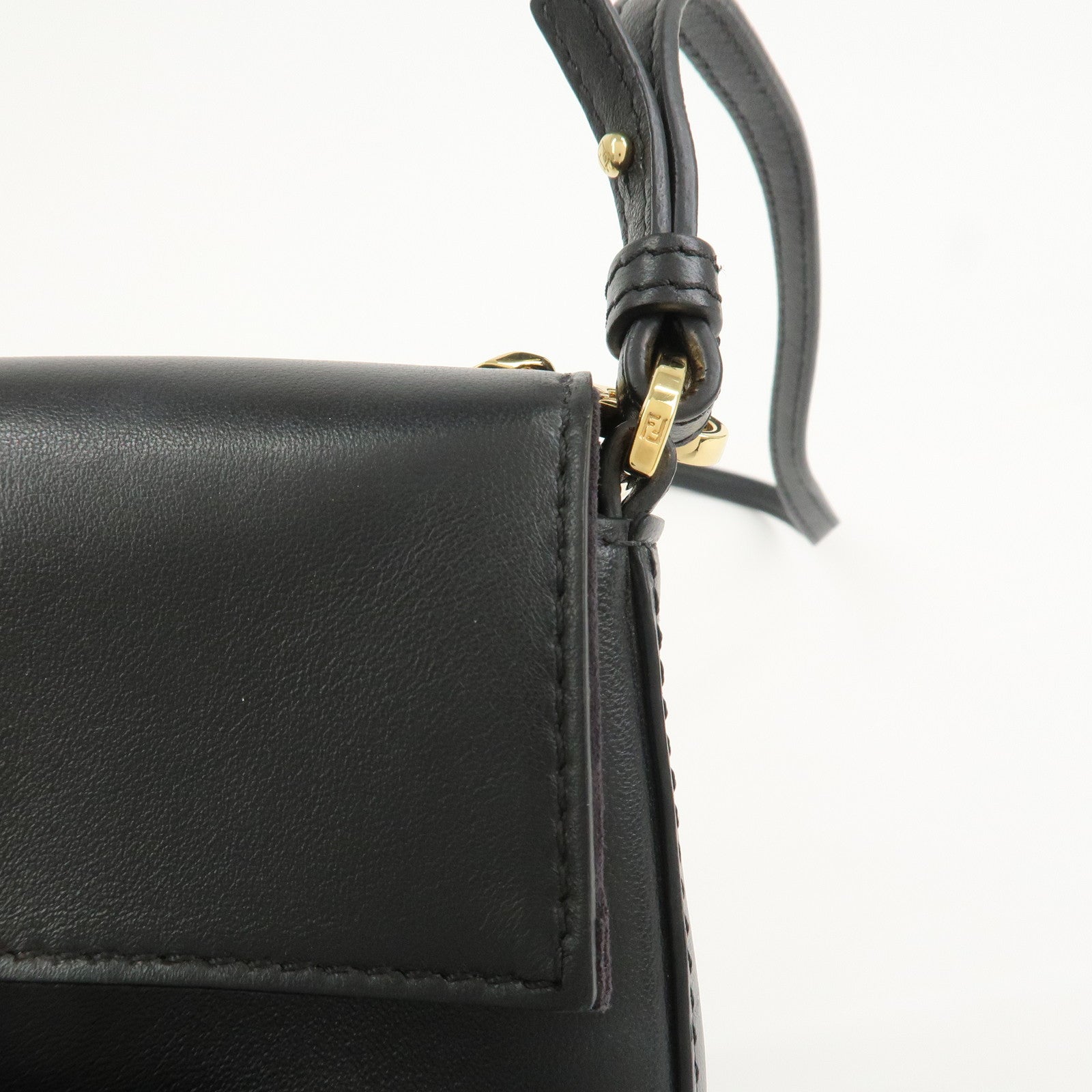 FENDI Leather Micro Baguette Shoulder Crossbody Bag Black 8M0354