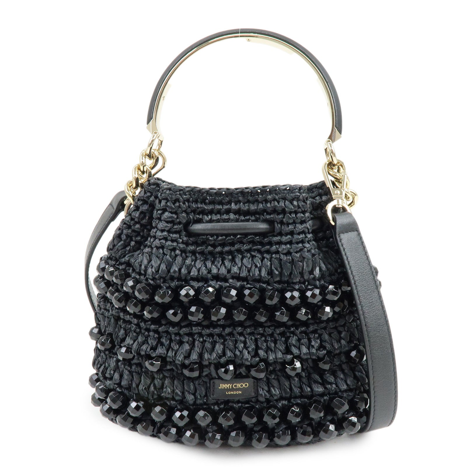JIMMY CHOO BON BON Raffia Beads Leather 2Way Mini Bag Black