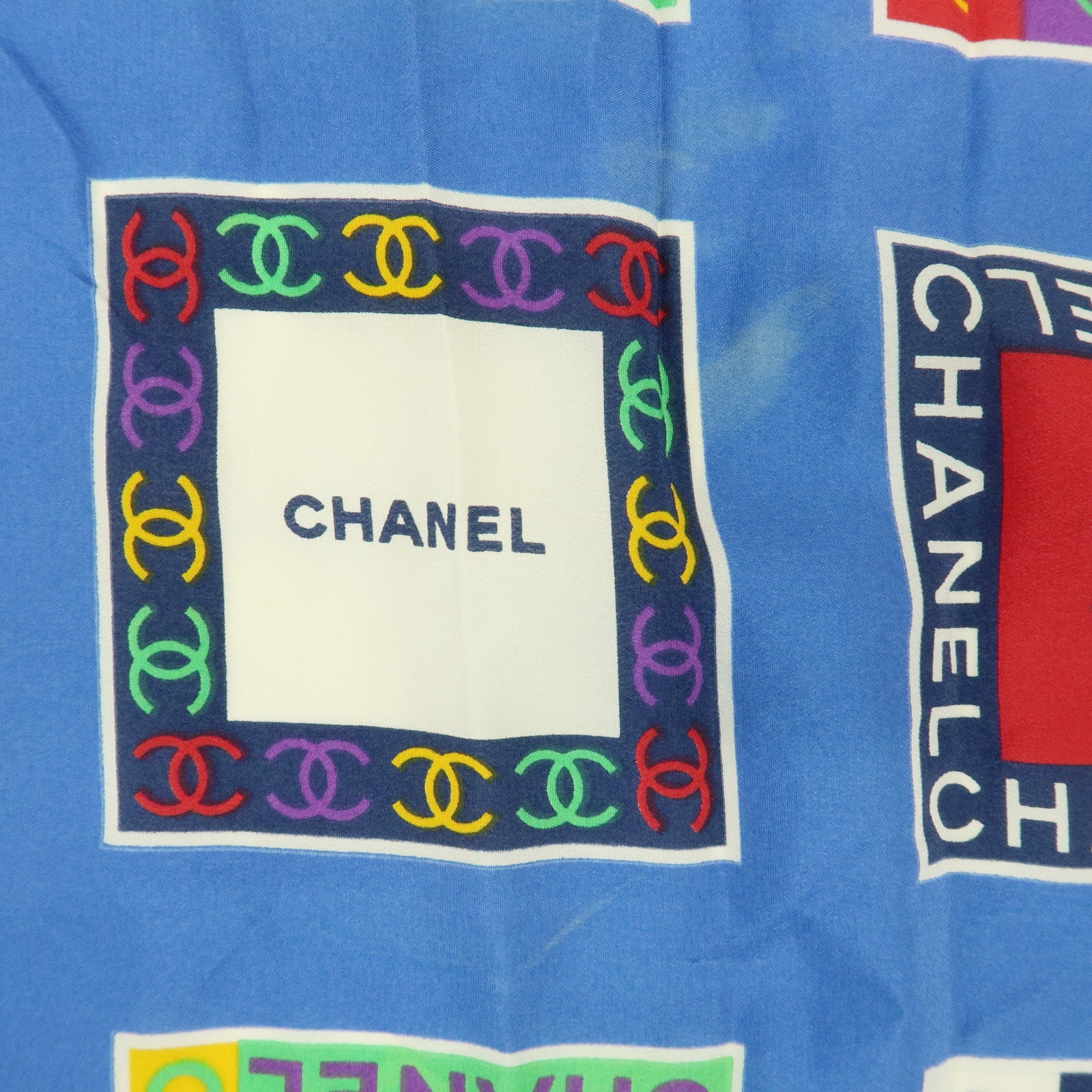 CHANEL COCO Mark Silk 100% Scarf Logo Print Blue Multicolor