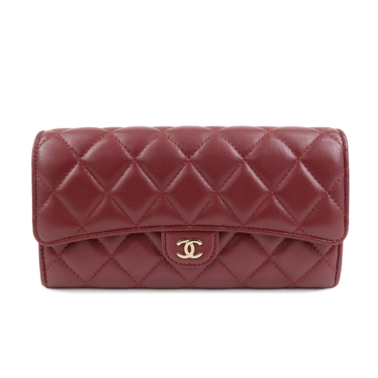 CHANEL Matelasse Lamb Skin Classic Long Flap Wallet Red AP0241