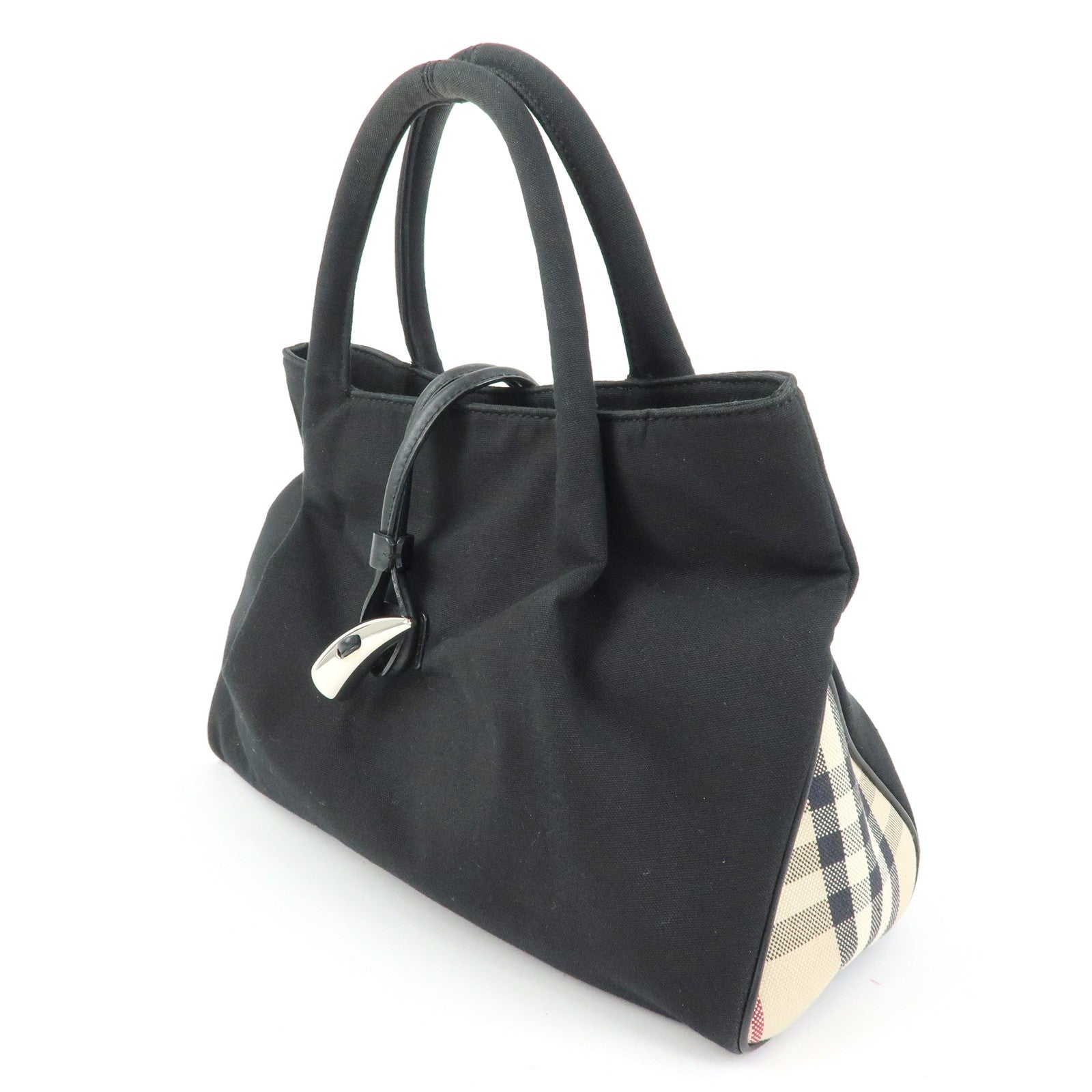 BURBERRY Canvas Leather Tote Bag Hand Bag Plaid Black
