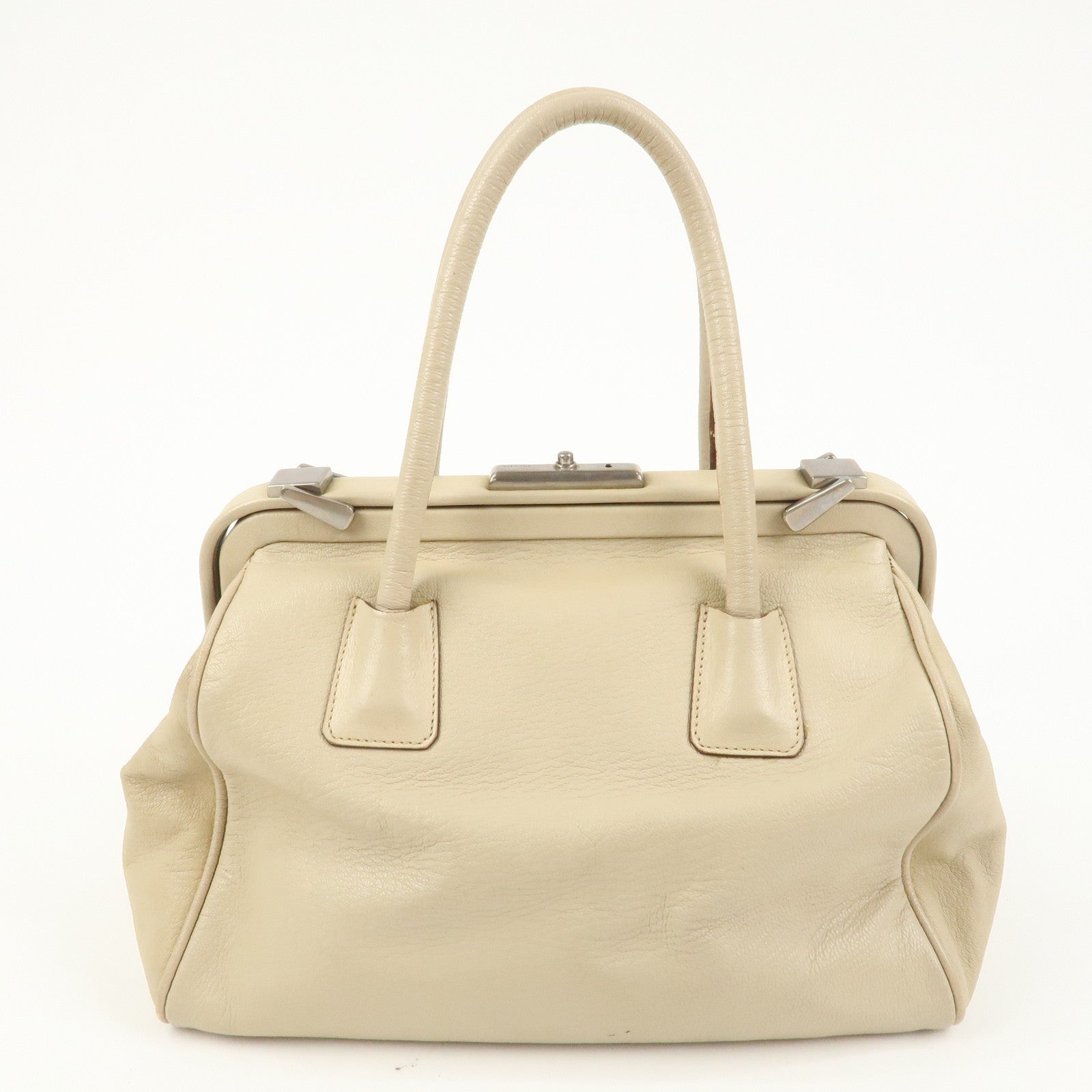 PRADA Leather Doctors Bag Hand Bag Beige Silver