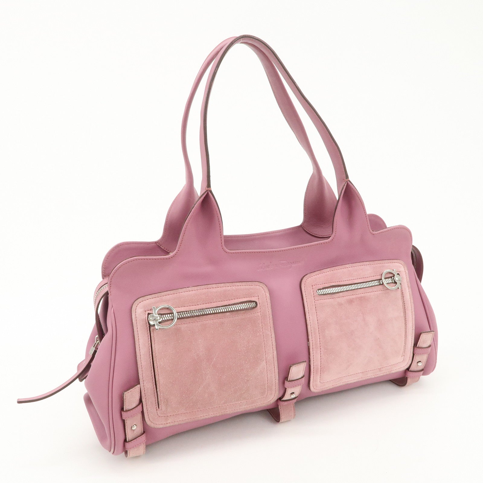 Ferragamo Gancini Leather Suede Shoulder Bag Hand Bag Pink