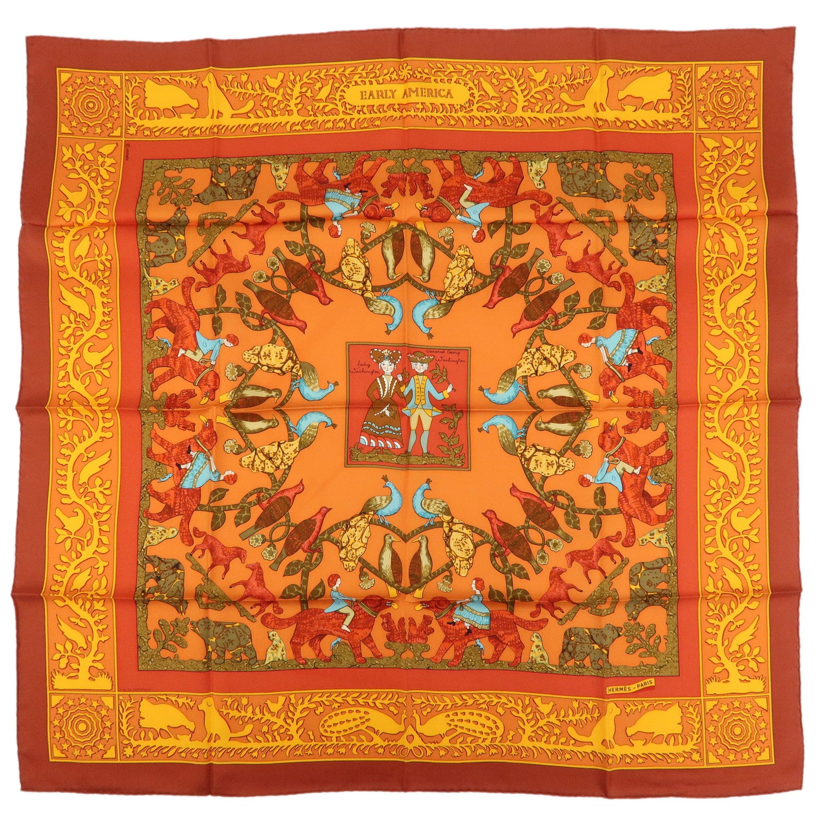 HERMES Carre 90 Silk 100% Scarf EARLY AMERICA Orange Brown