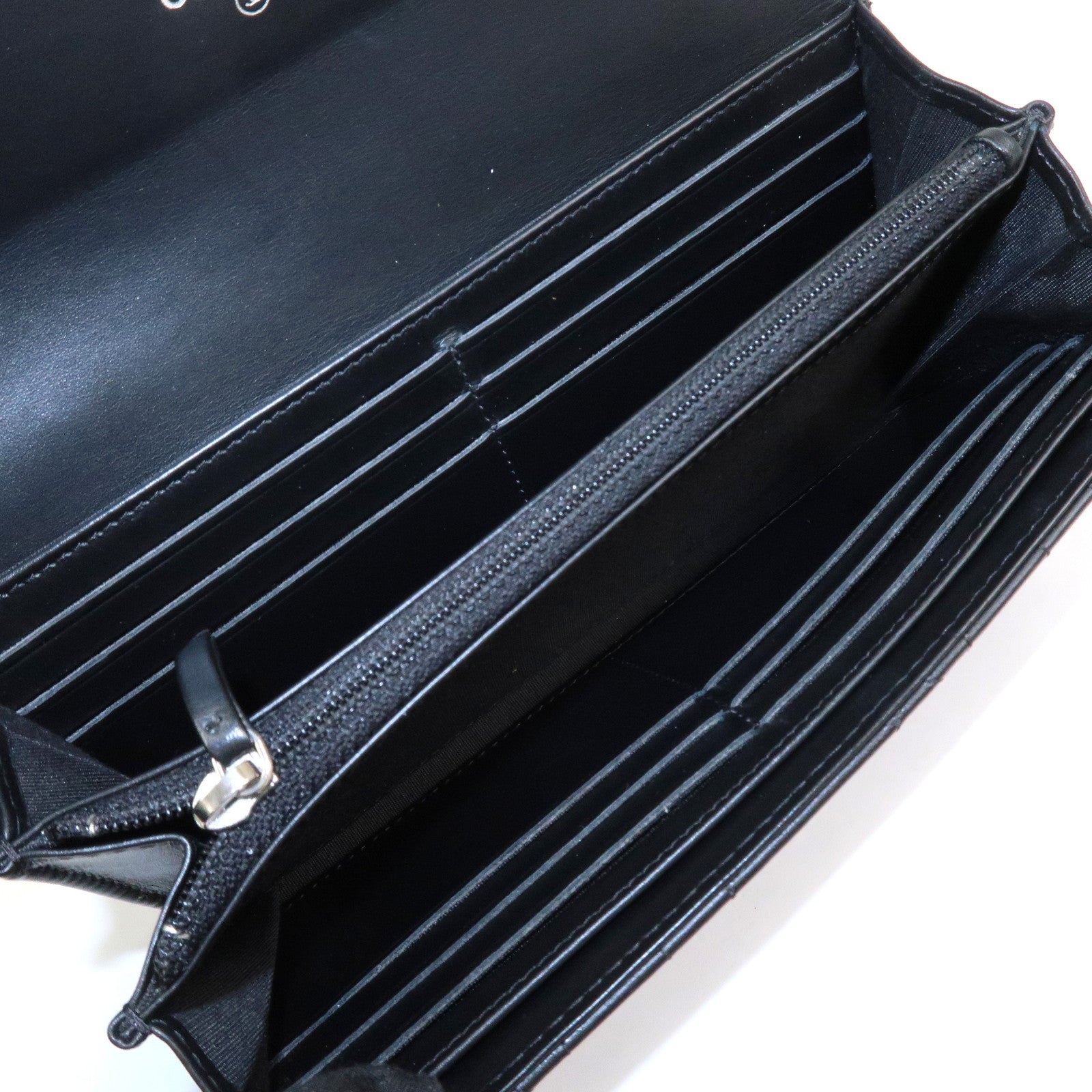 CHANEL Camellia Leather Long Wallet Black Silver Studs A82283