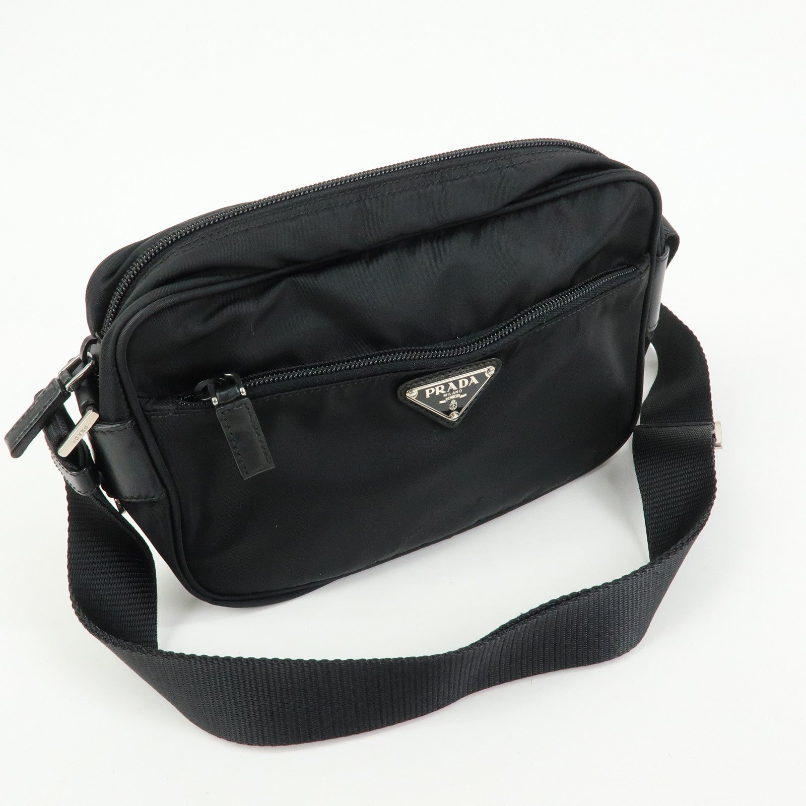 PRADA Triangle Logo Nylon Leather Shoulder Crossbody Bag Black