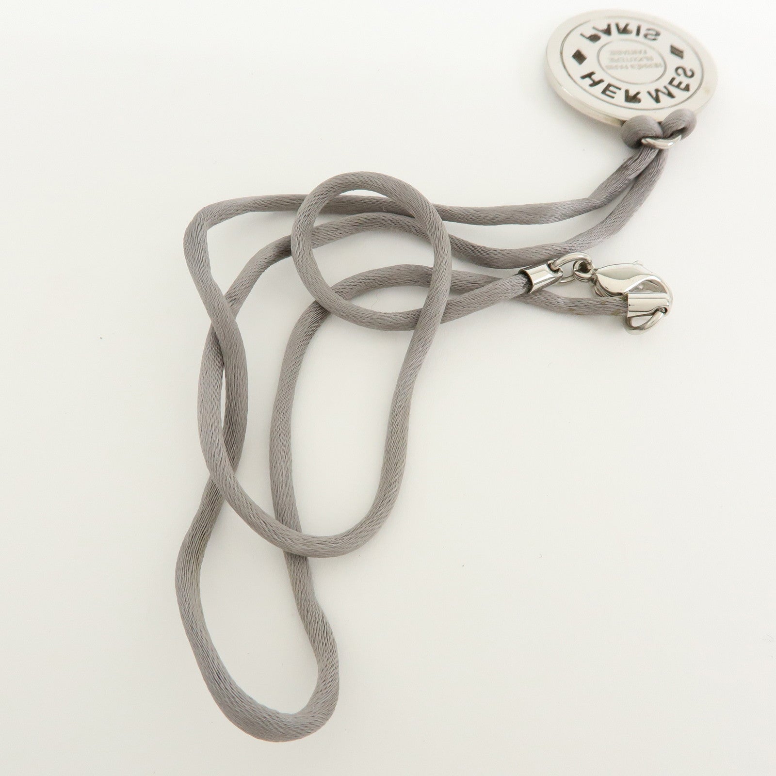 HERMES Serie Silk Cord Metal Necklace Pendant Silver Gray